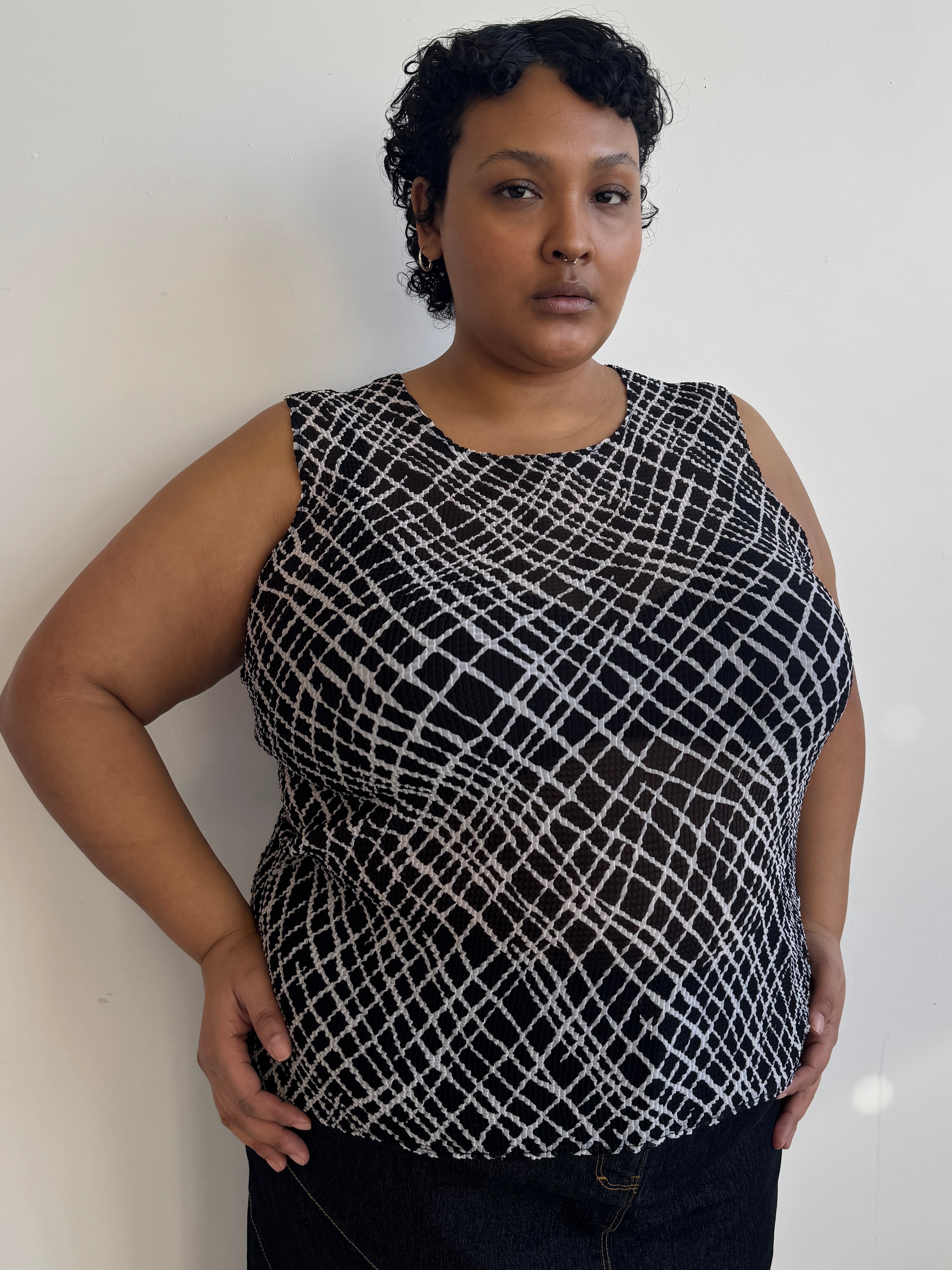 Vintage - Pleated Black and White Geometric Tank (2X/3X)