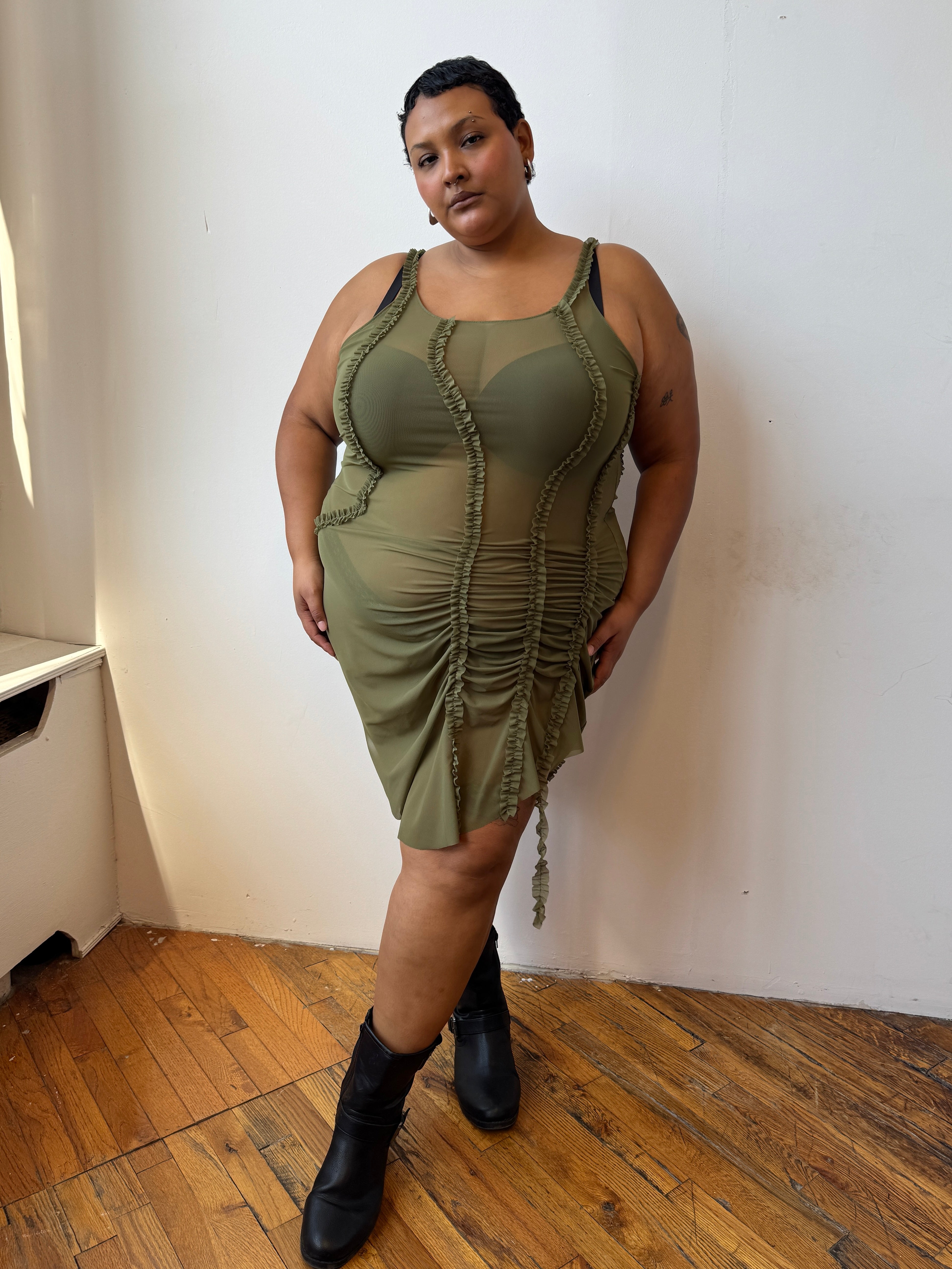 Greta Garmel - Olive Mesh Ruffle Dress (L-4X)