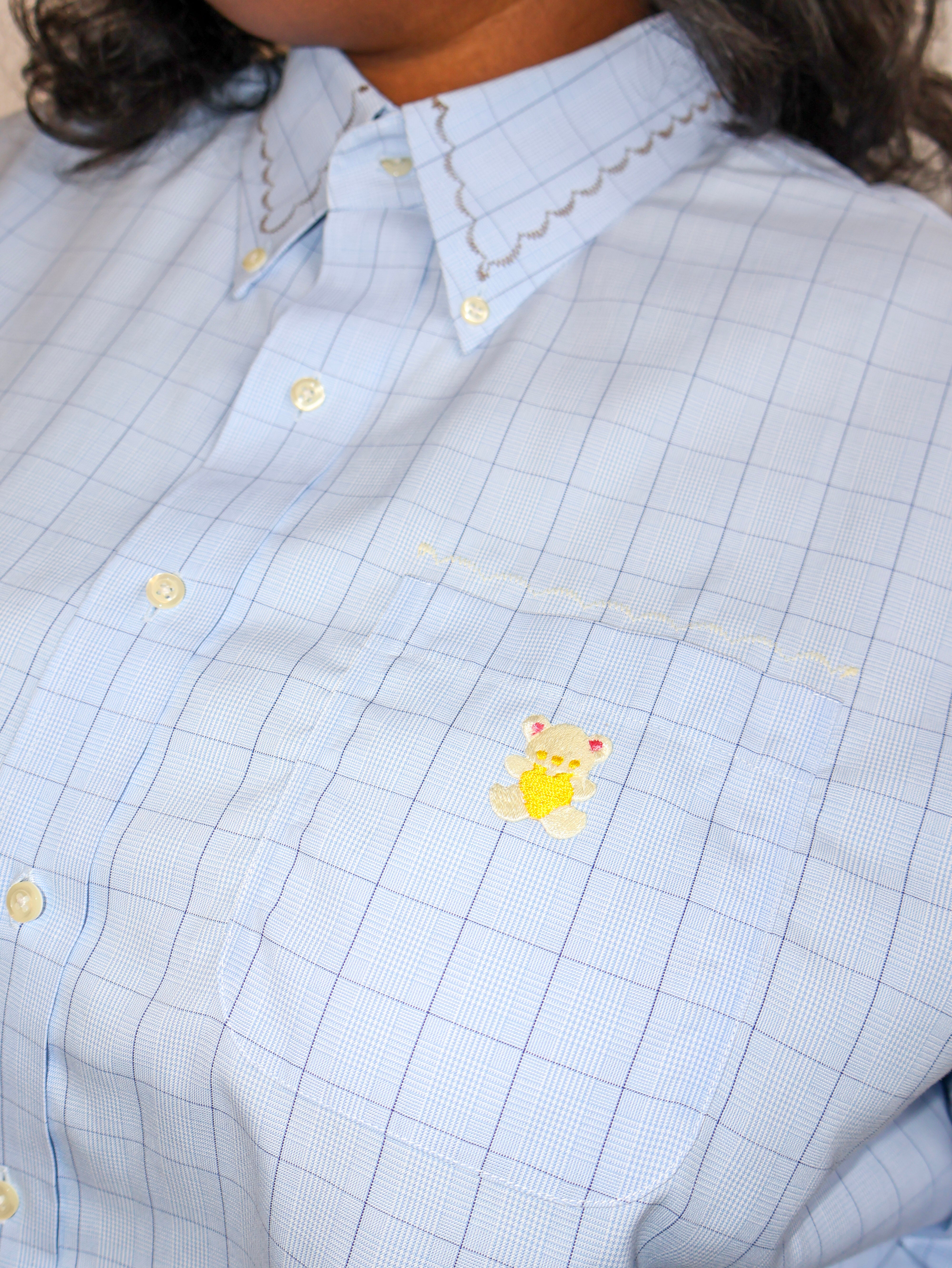 Cute Tender Memory x BRZ - Blue Plaid Yellow Bear Shirt (2X/3X)