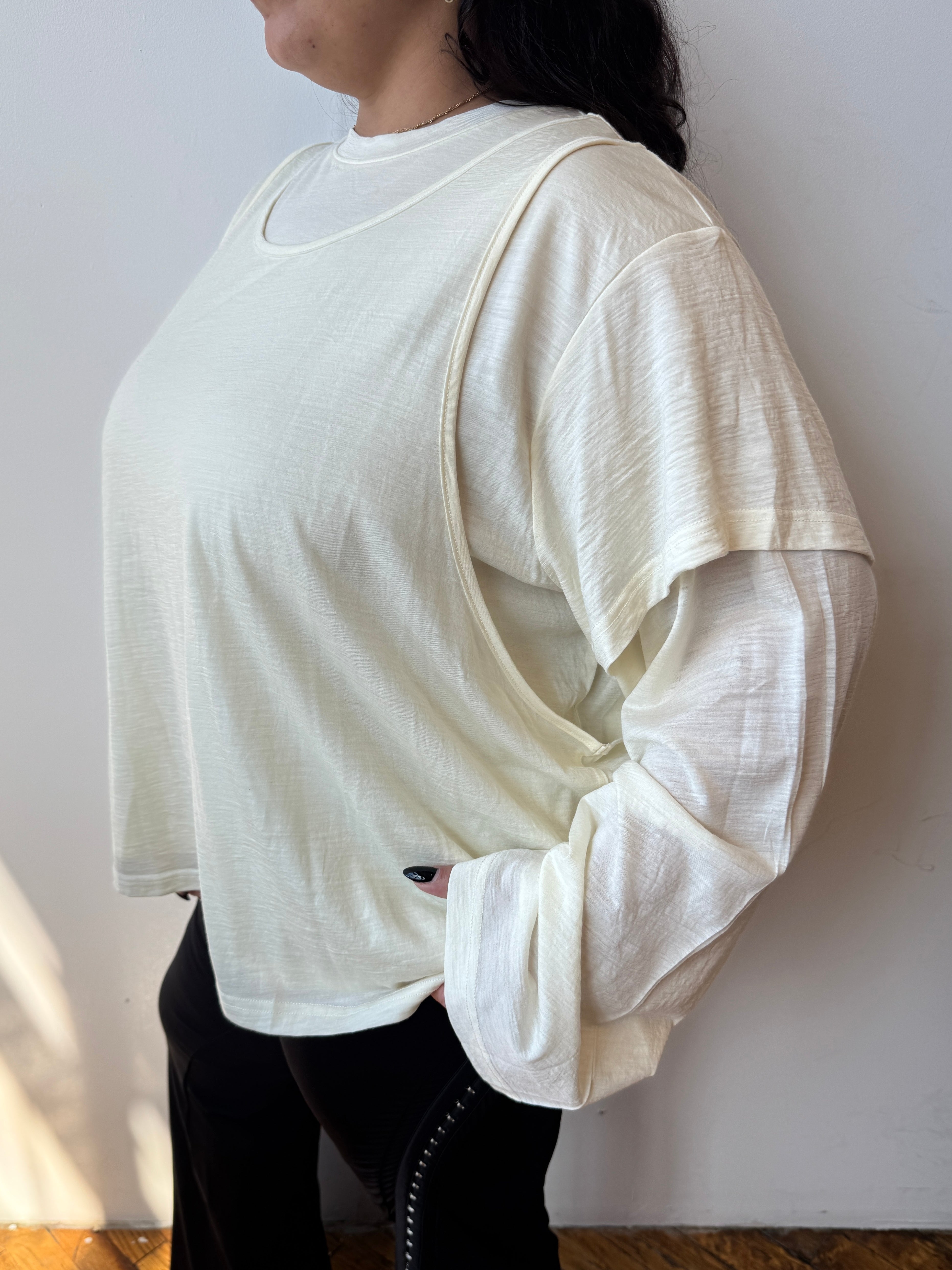 Boheme - The Merino Wool Layered Tee in Cream (L/XL + 2X/3X)