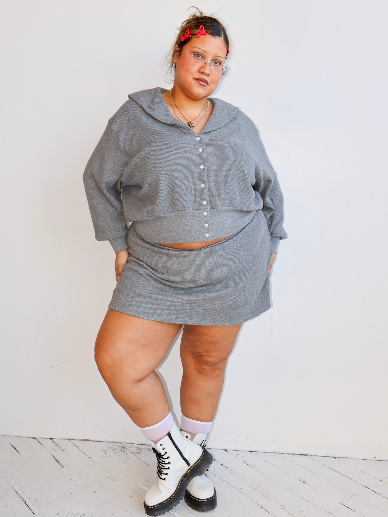 Noble - Heather Gray Waffle Sailor Cardigan (1X-3X)