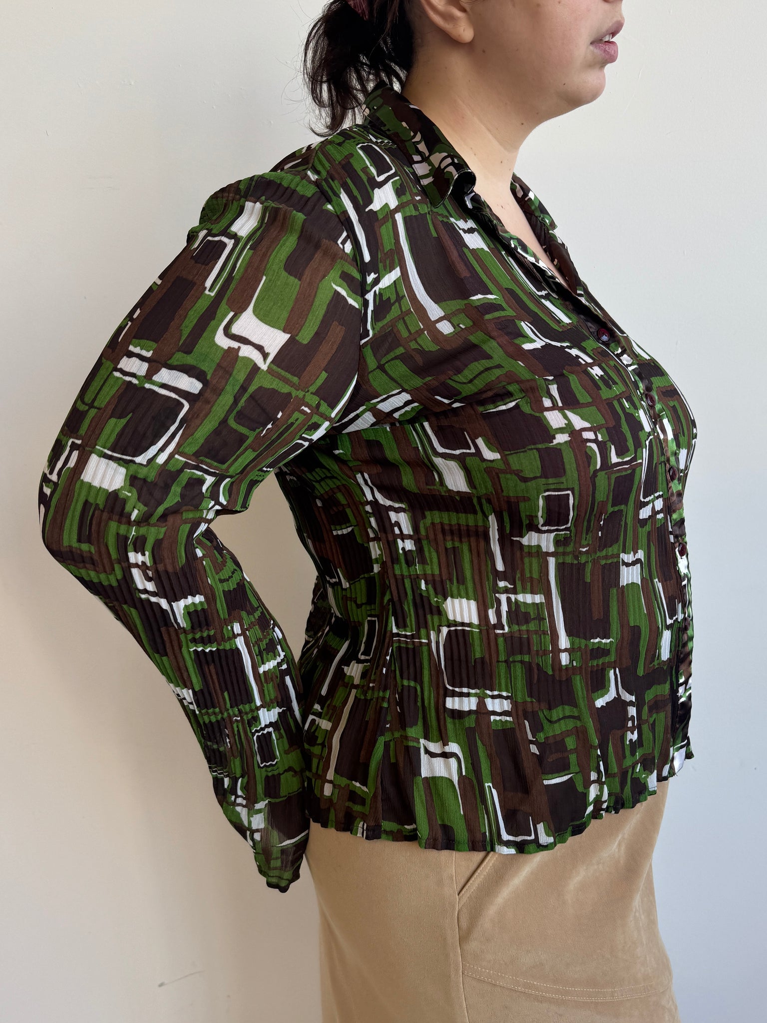 Vintage - Pleated Sheer Green/Brown Blouse (1X)