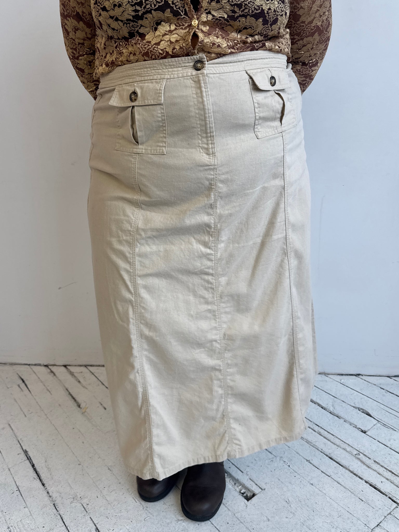 Vintage - Khaki Linen Maxi Skirt (2X)