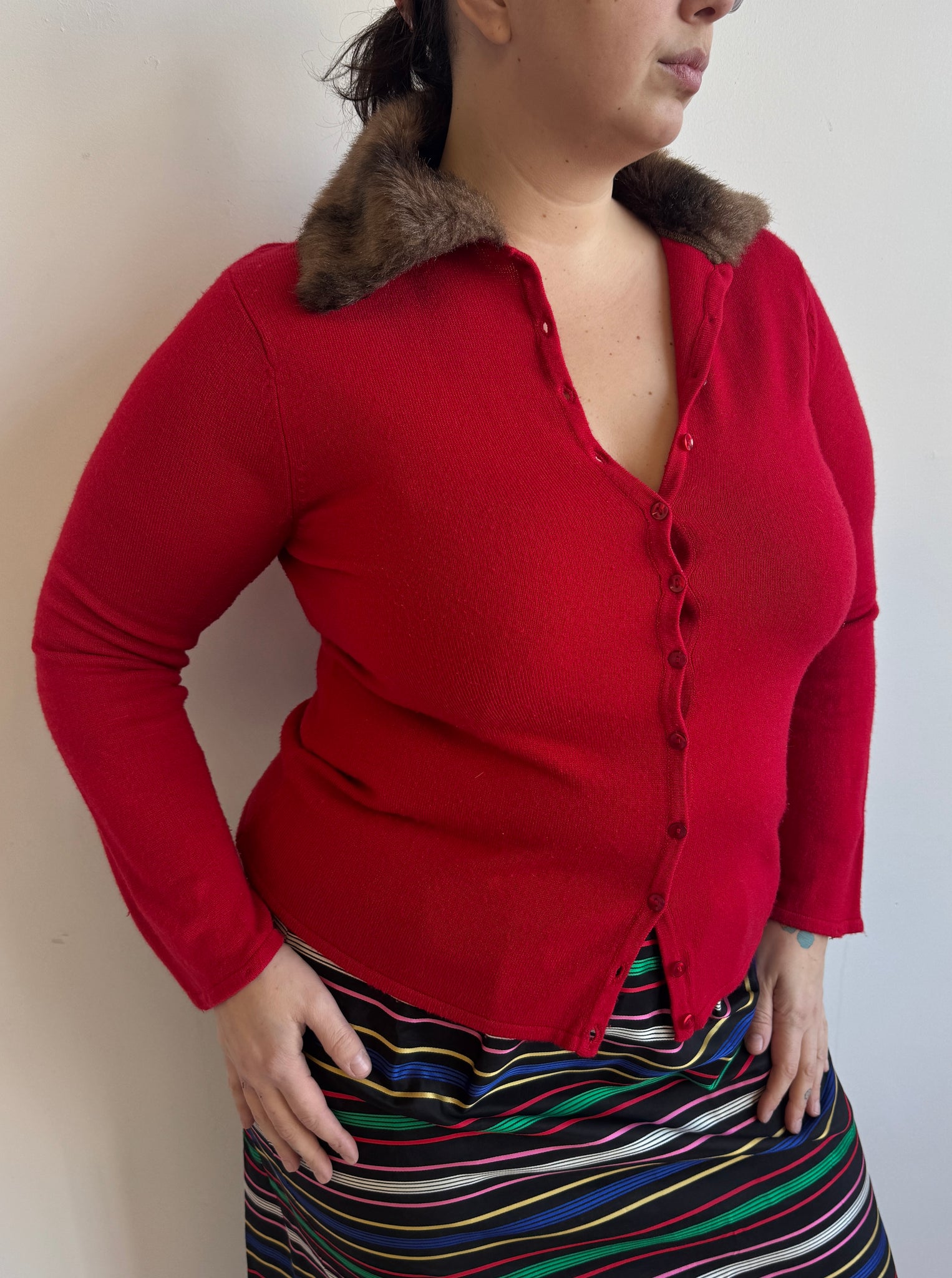 Vintage - Red Fur Collared Sweater (L/XL)