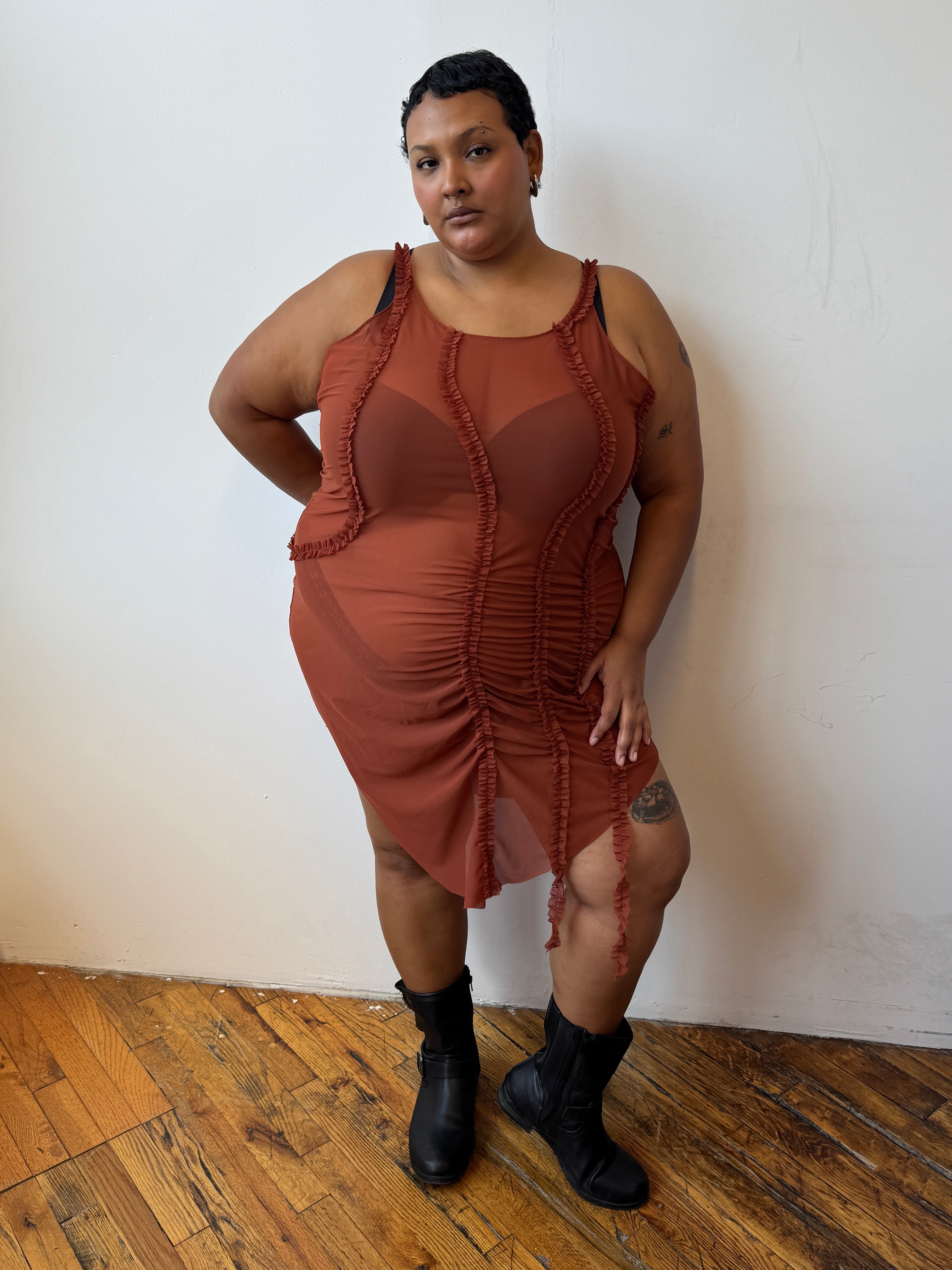 Greta Garmel - Rust Mesh Ruffle Dress (L-4X)