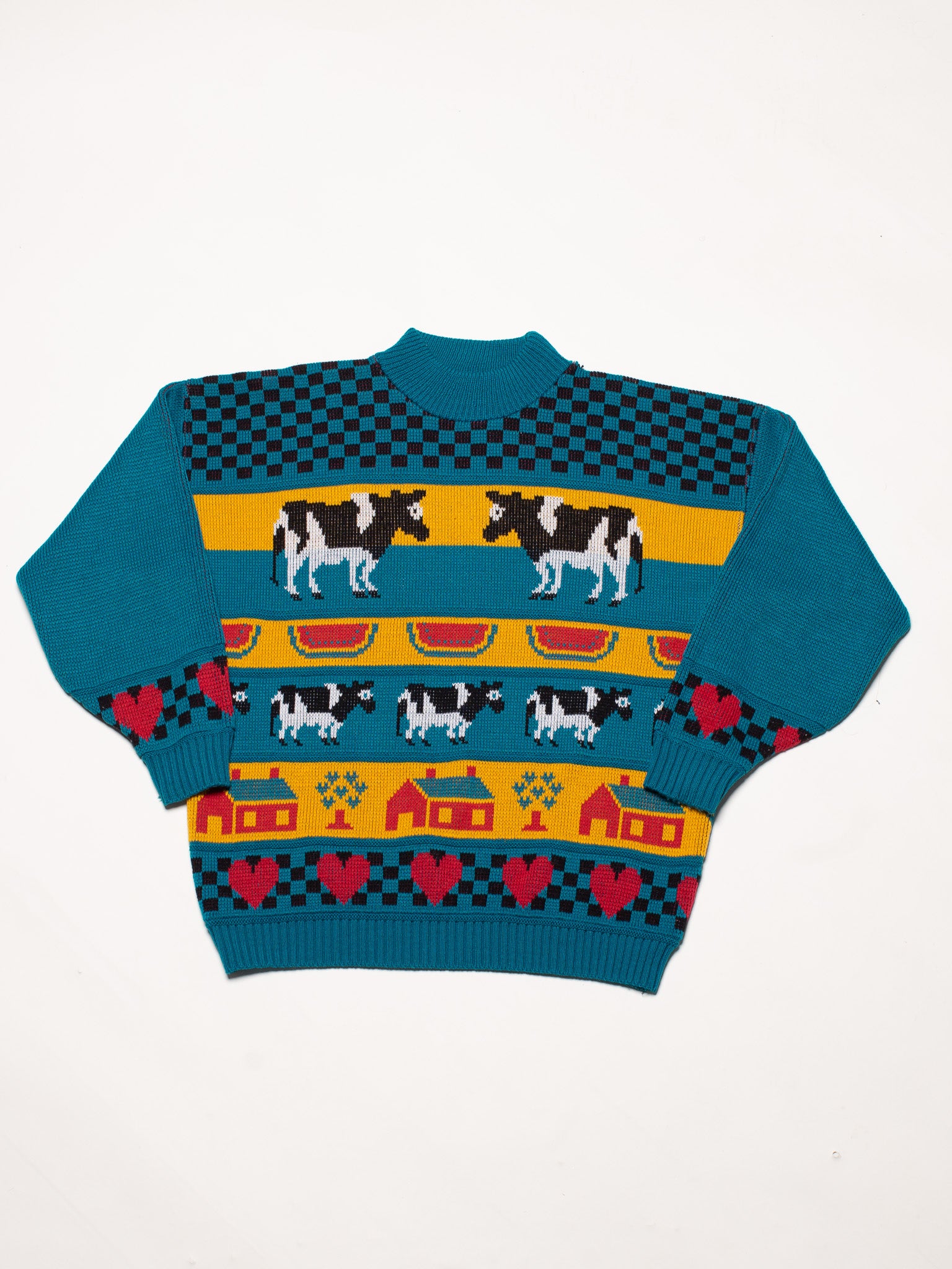 Teal Checkerboard Cow Sweater (L)