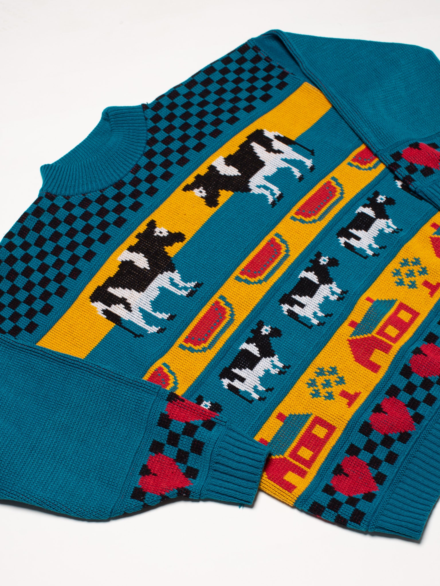 Teal Checkerboard Cow Sweater (L)