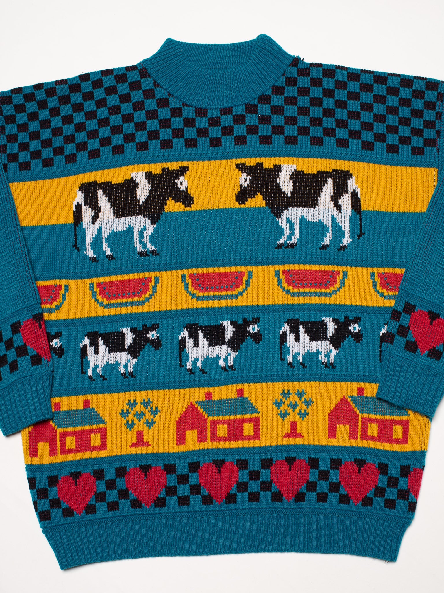 Teal Checkerboard Cow Sweater (L)