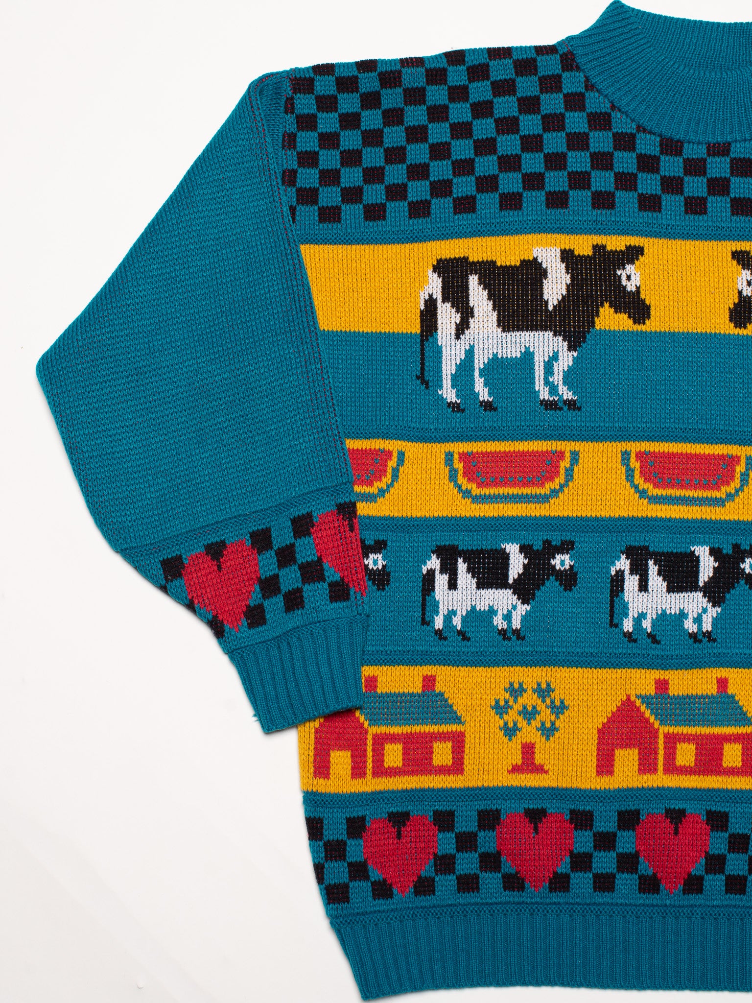 Teal Checkerboard Cow Sweater (L)