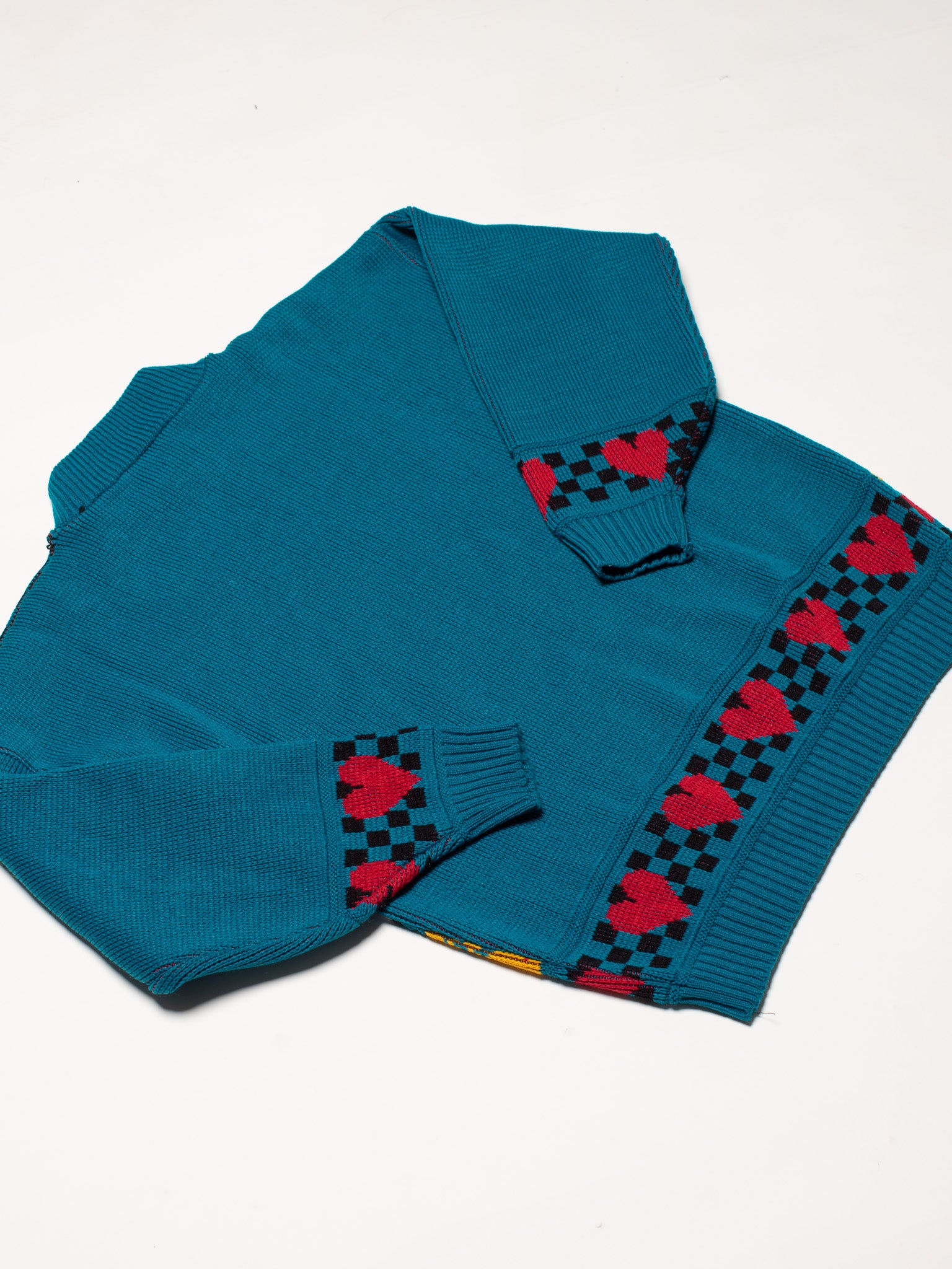 Teal Checkerboard Cow Sweater (L)