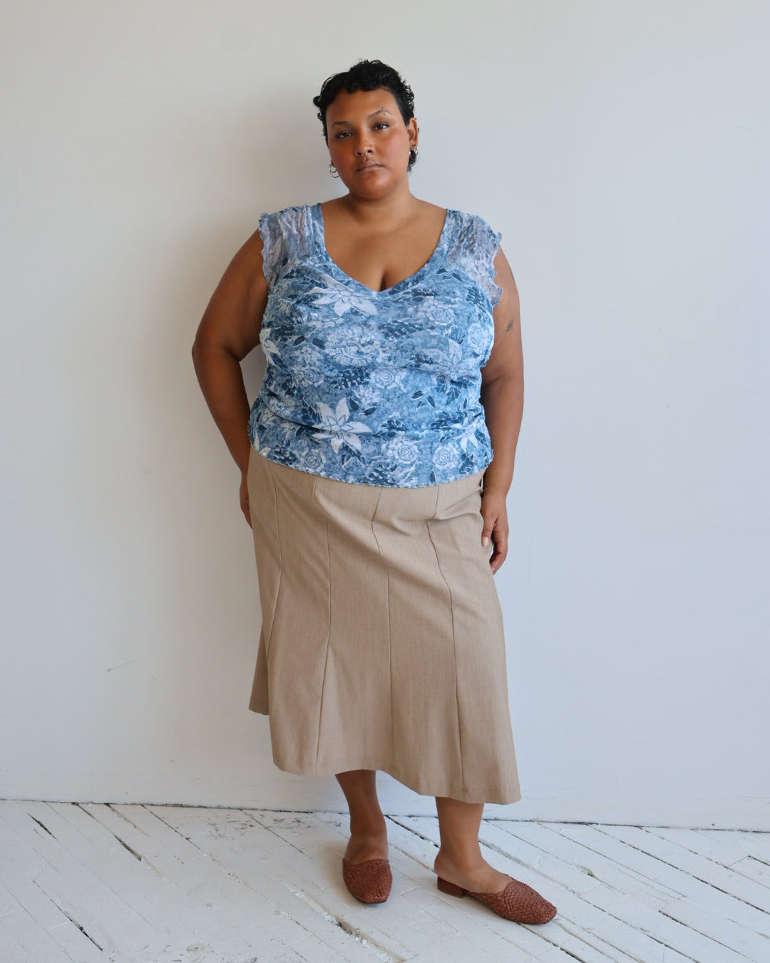 Vintage - Blue Floral Mesh Top (XL-2X)