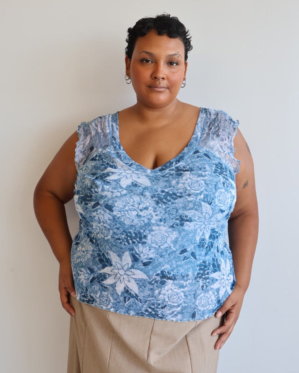 Vintage - Blue Floral Mesh Top (XL-2X)