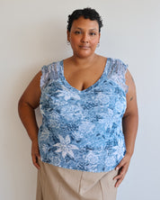 Vintage - Blue Floral Mesh Top (XL-2X)
