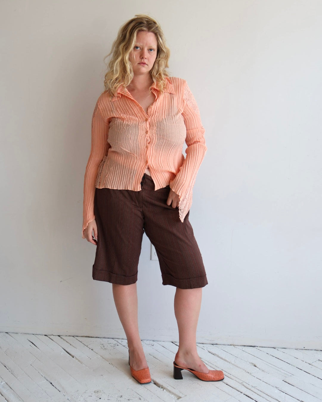 Vintage - Peach Pleated Lace Blouse (L/XL)