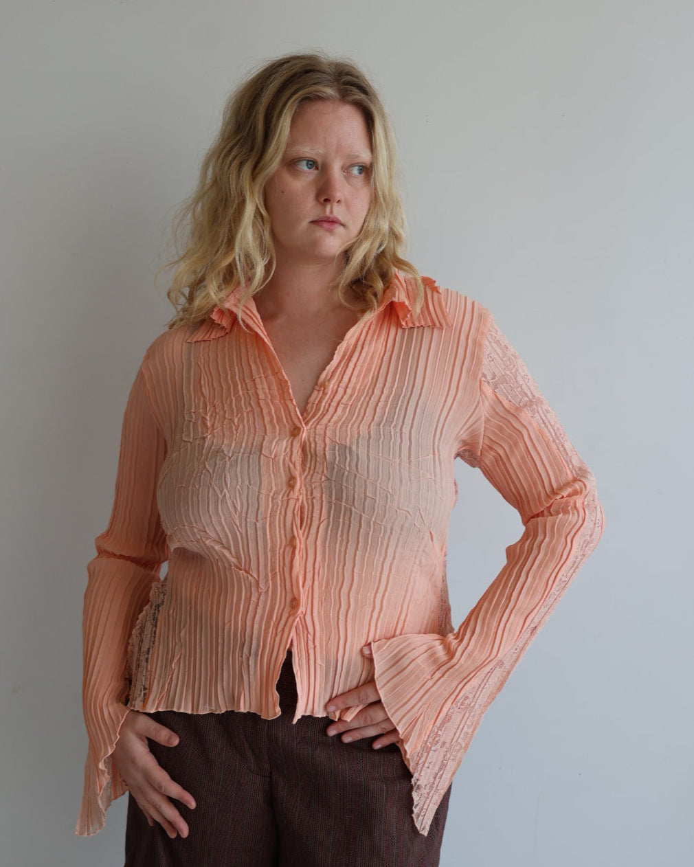Vintage - Peach Pleated Lace Blouse (L/XL)