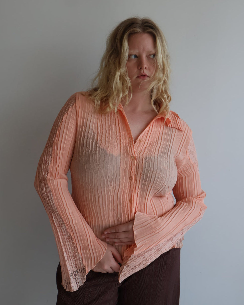 Vintage - Peach Pleated Lace Blouse (L/XL)