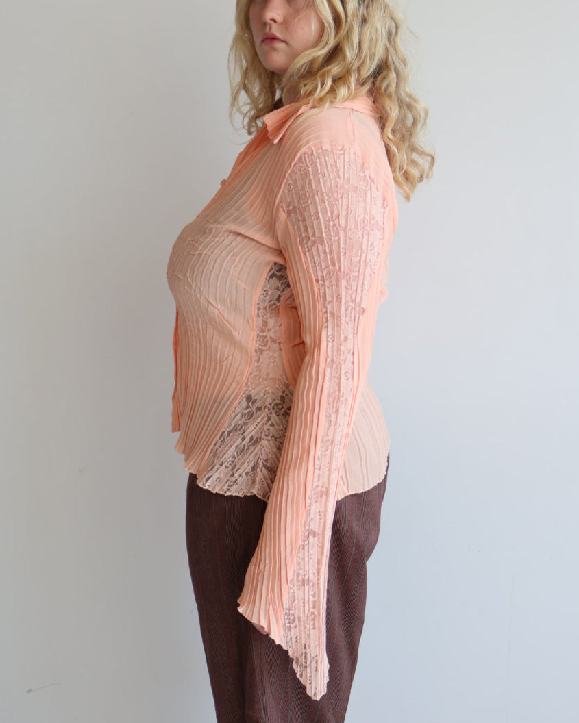 Vintage - Peach Pleated Lace Blouse (L/XL)