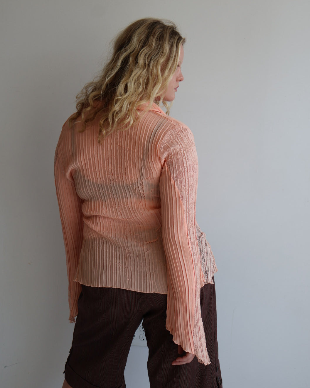 Vintage - Peach Pleated Lace Blouse (L/XL)