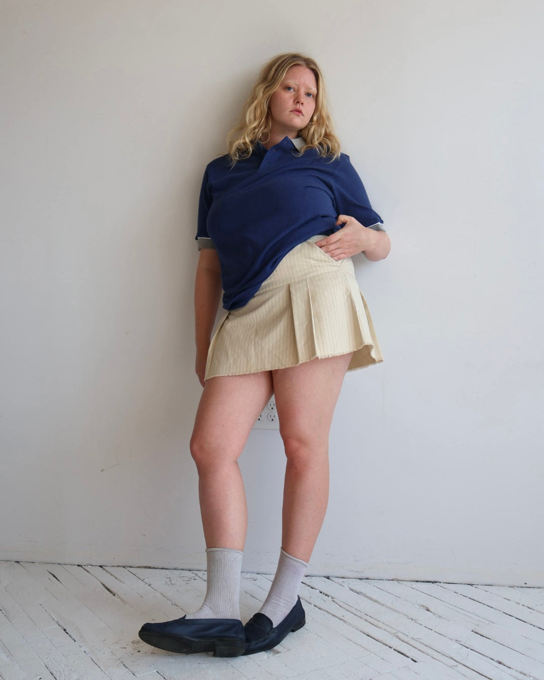 Vintage - Beige Stripe Pleated Mini Skirt (L)