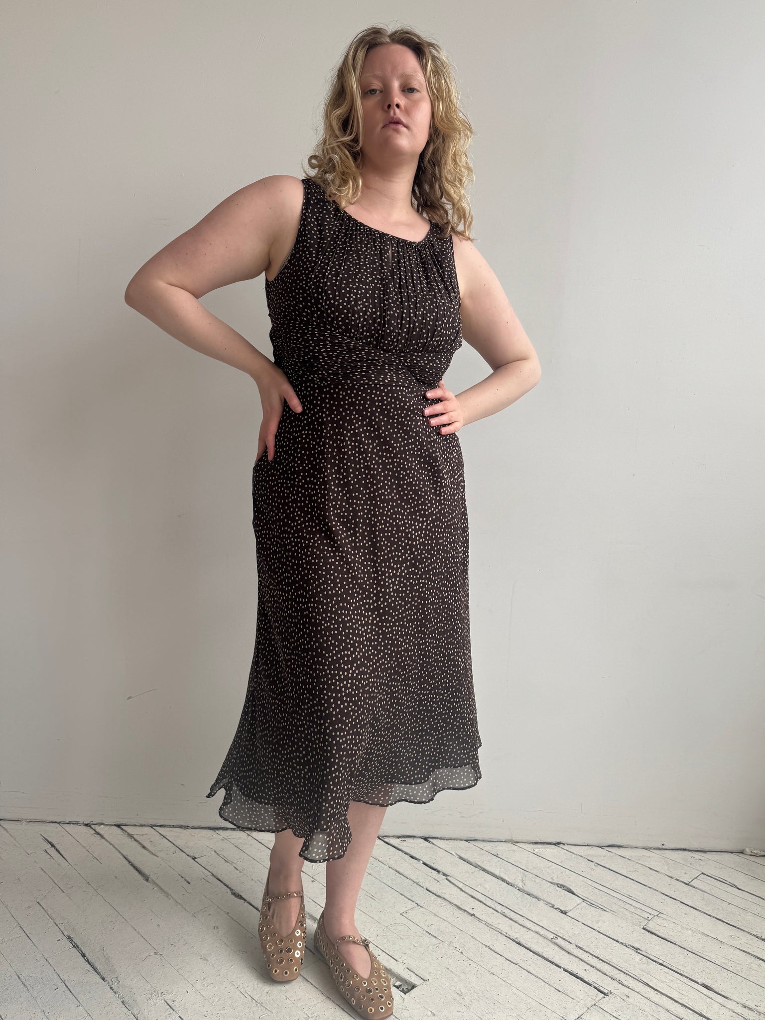 Vintage - Brown Silk Polka Dot Dress (L/XL)