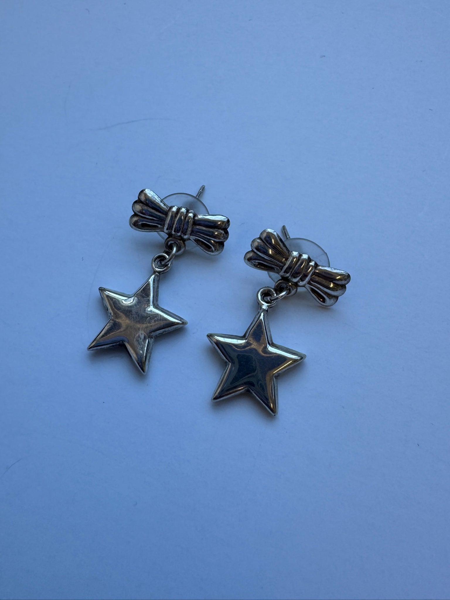 Vintage - Sterling Silver Bow Star Dangly Earrings