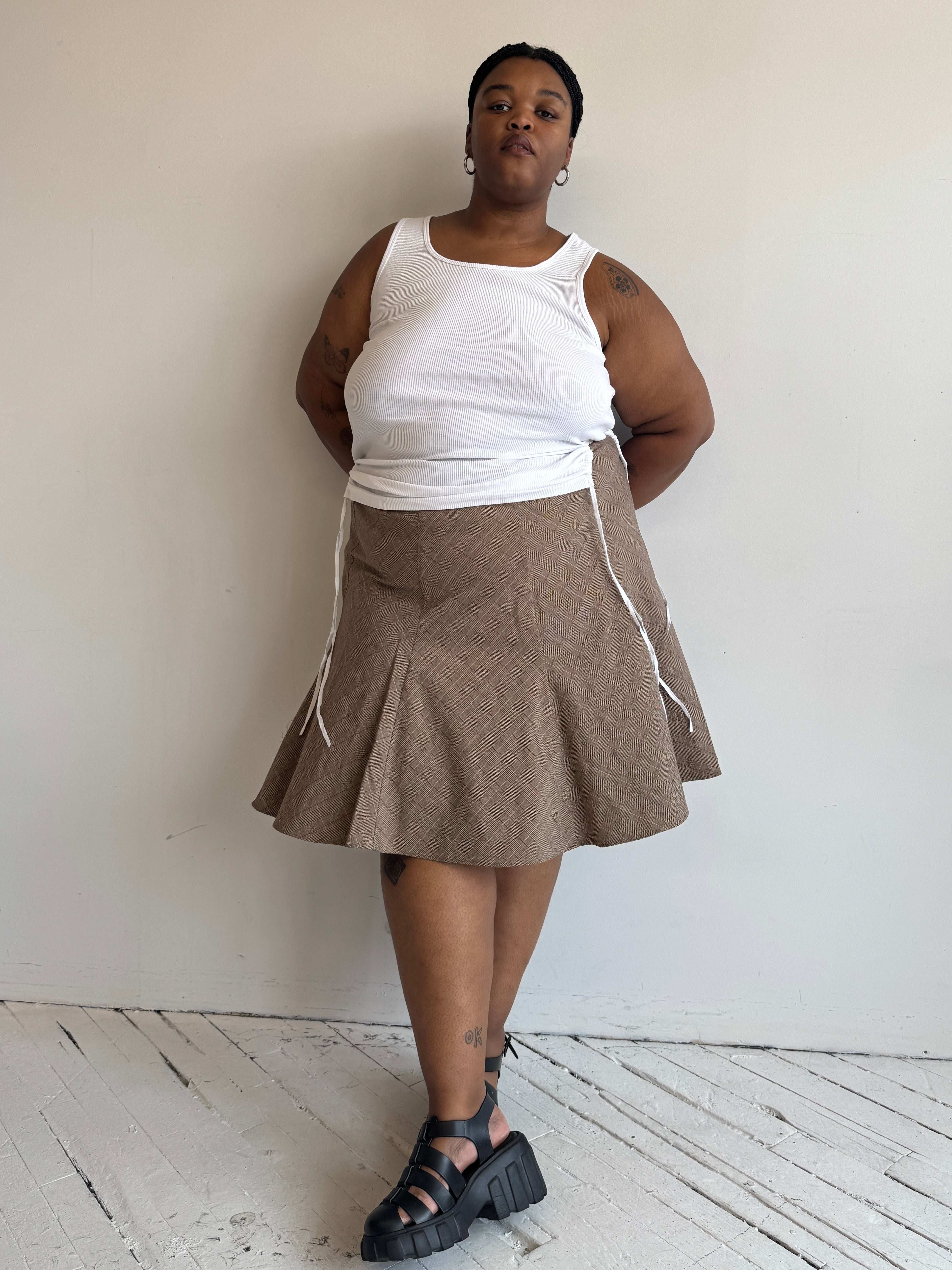 Vintage - Flared Brown Plaid Skirt (3X)
