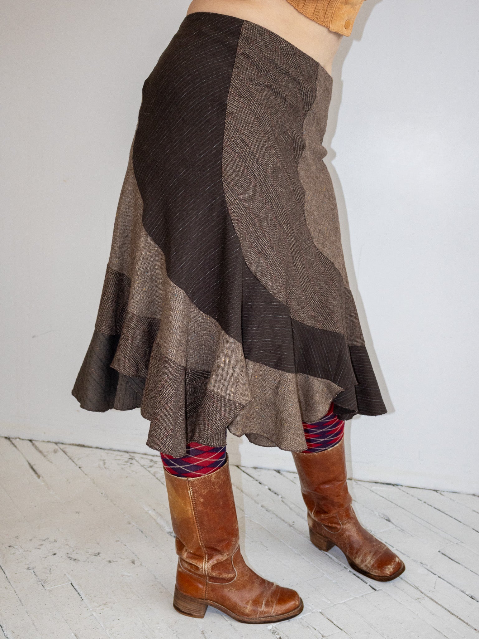 Vintage - Mixed Plaid Brown Midi Skirt (L/XL)
