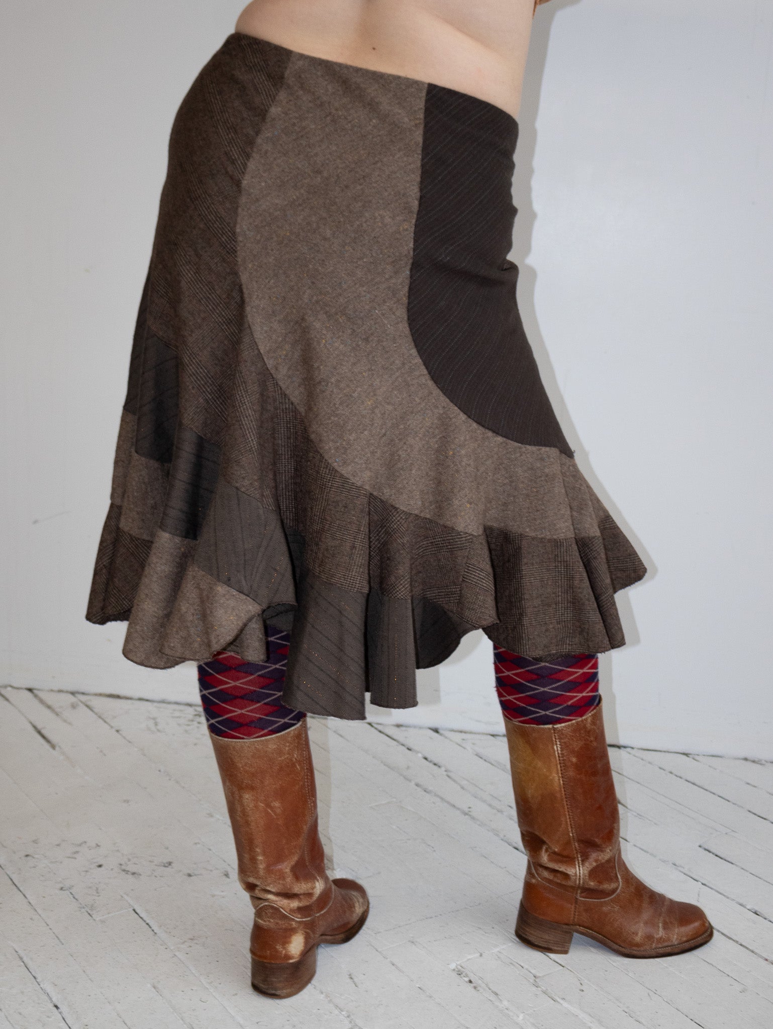 Vintage - Mixed Plaid Brown Midi Skirt (L/XL)