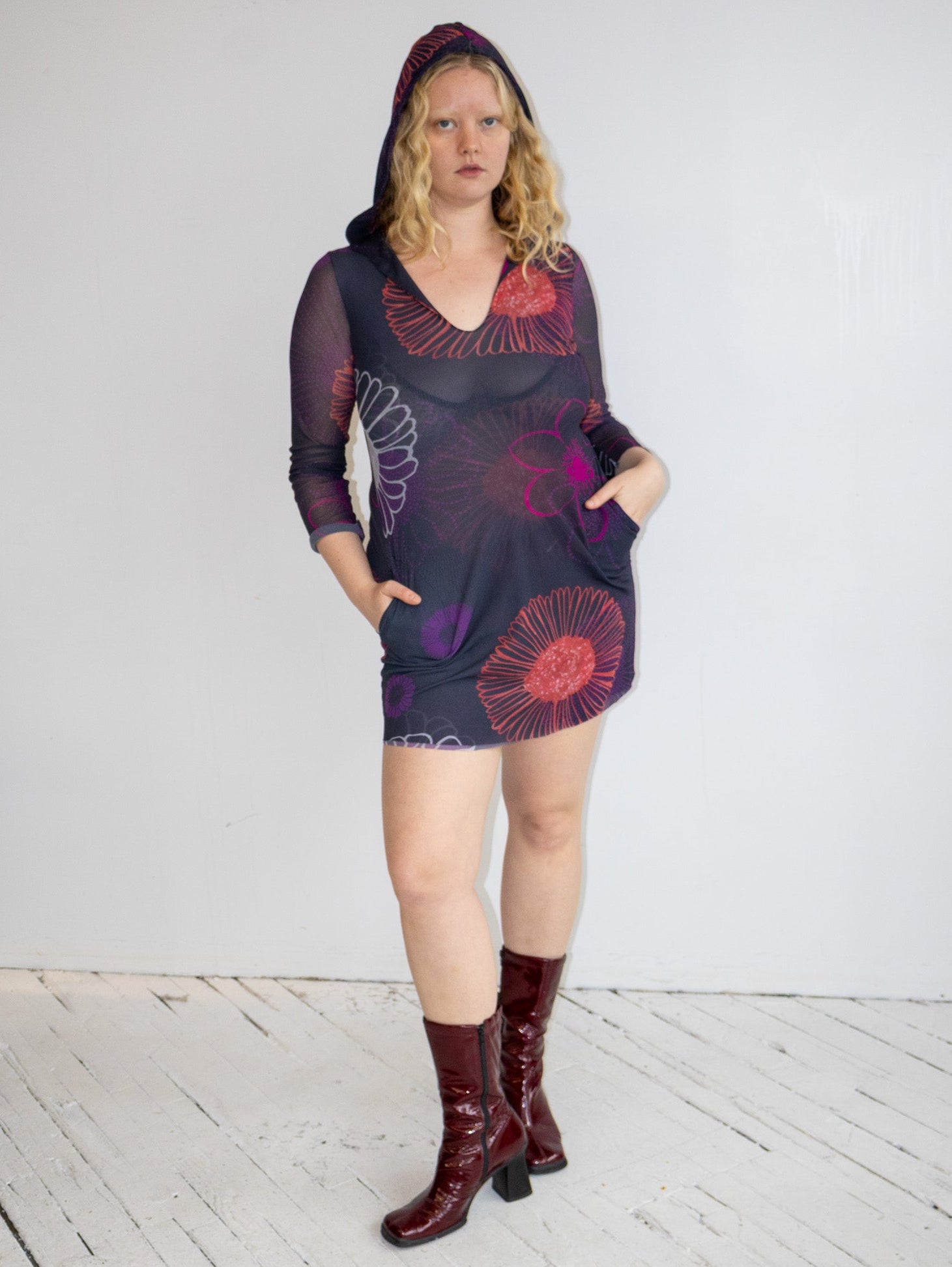 Vintage - Mesh Floral Hooded Dress (L-1X)