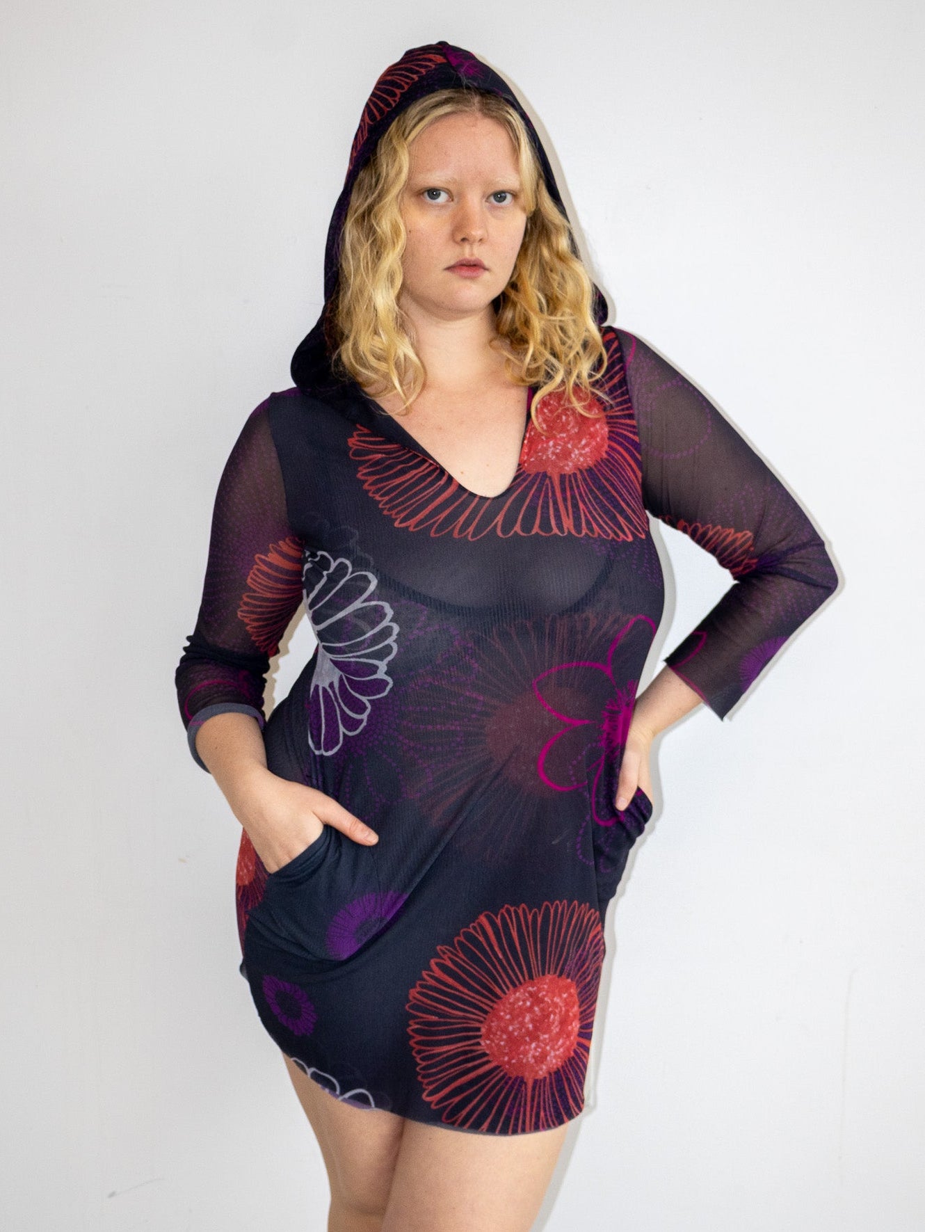 Vintage - Mesh Floral Hooded Dress (L-1X)