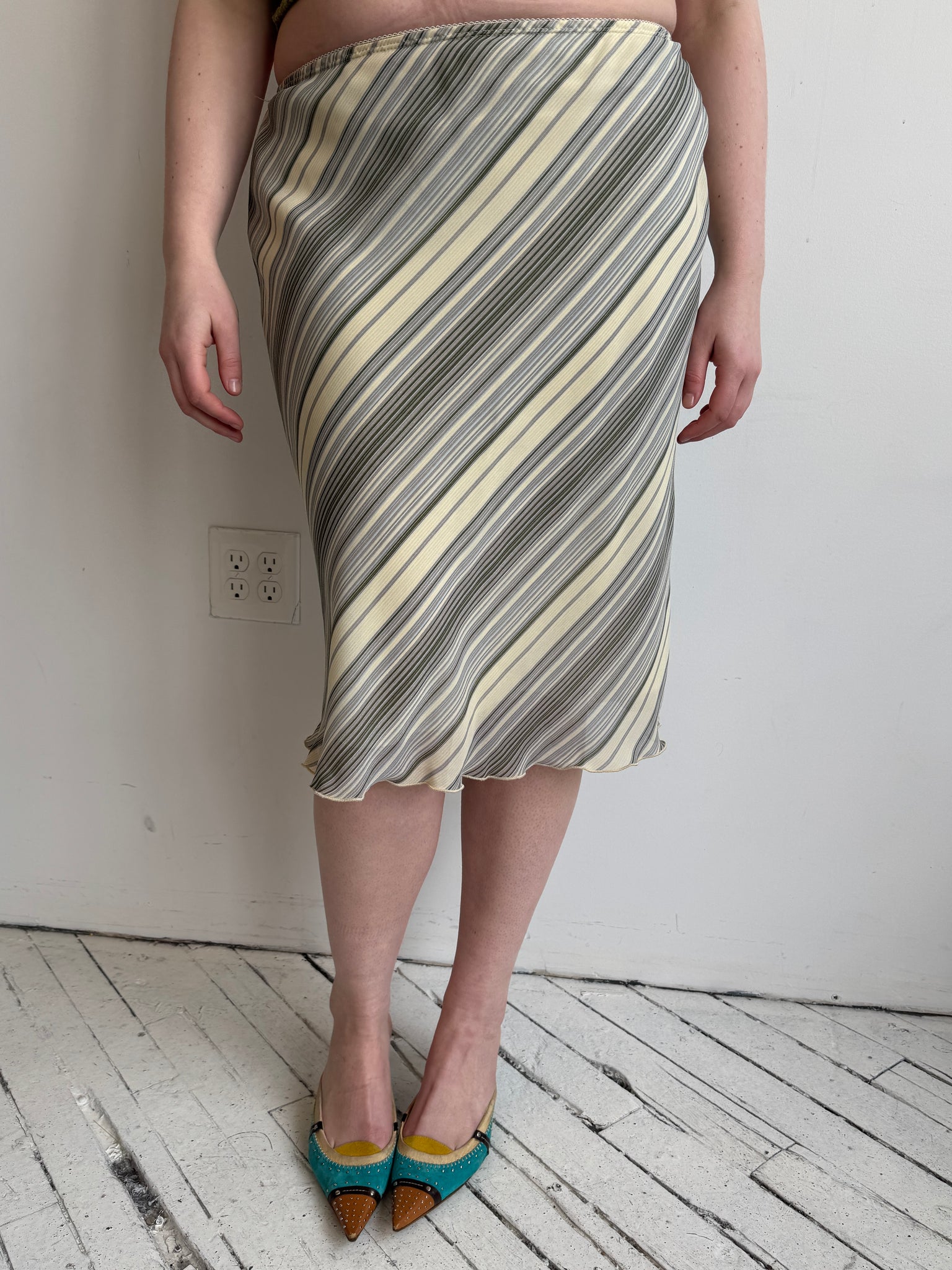 Vintage - Striped Green Bias Midi Skirt (L/XL)