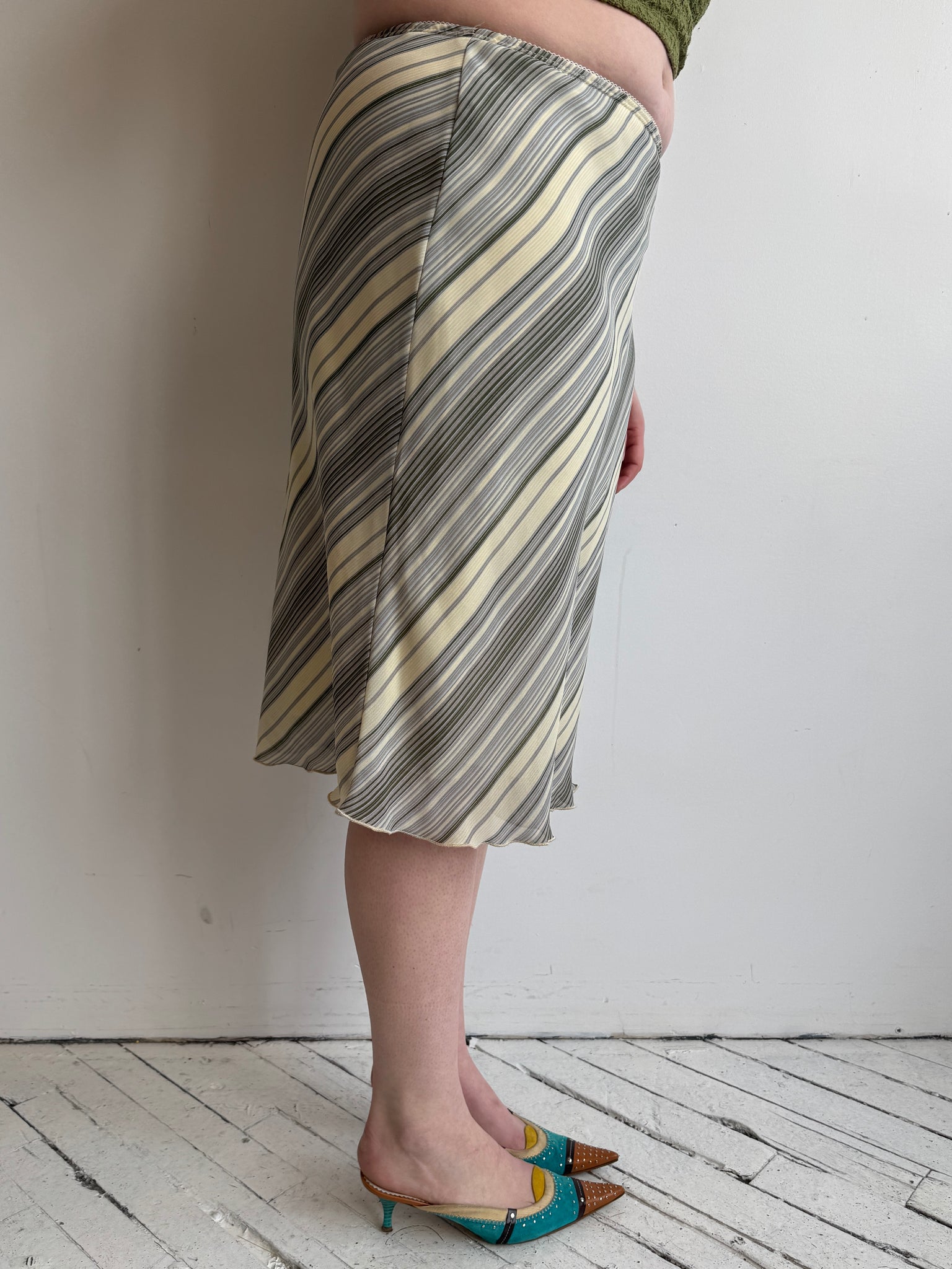 Vintage - Striped Green Bias Midi Skirt (L/XL)