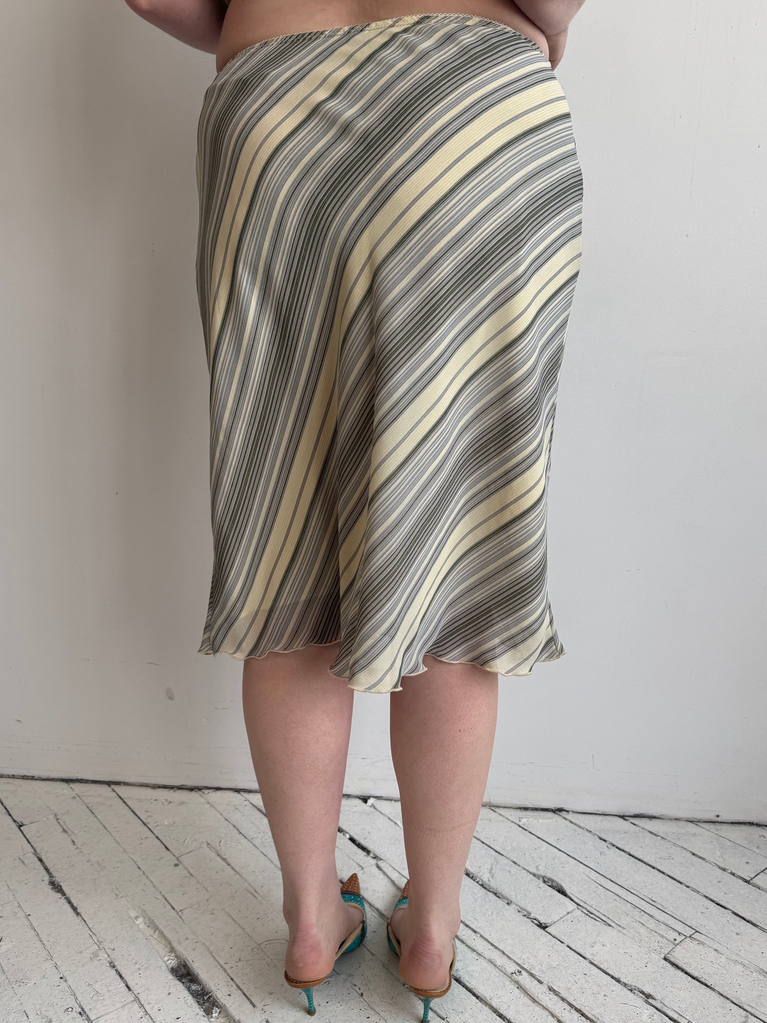 Vintage - Striped Green Bias Midi Skirt (L/XL)