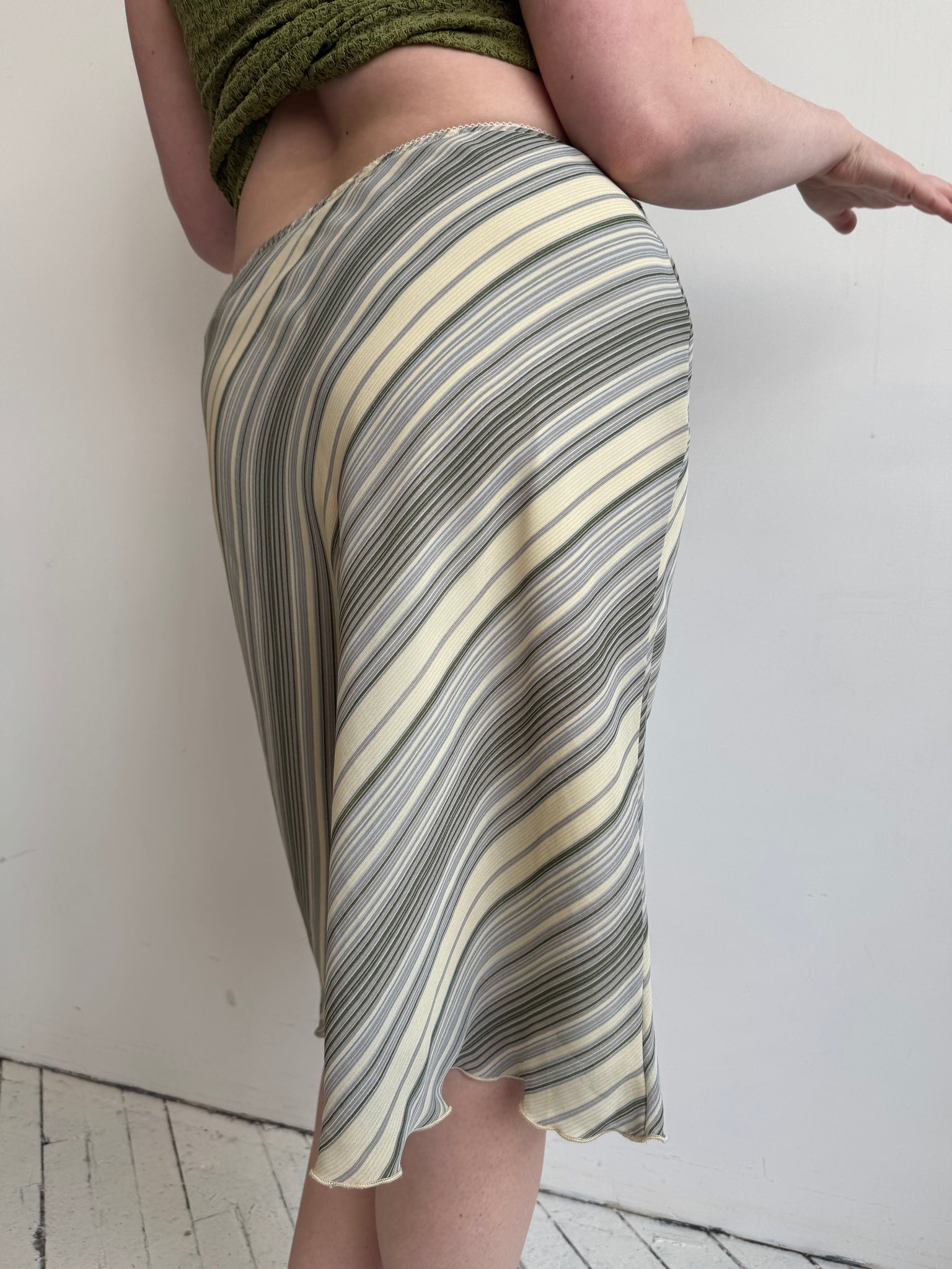 Vintage - Striped Green Bias Midi Skirt (L/XL)