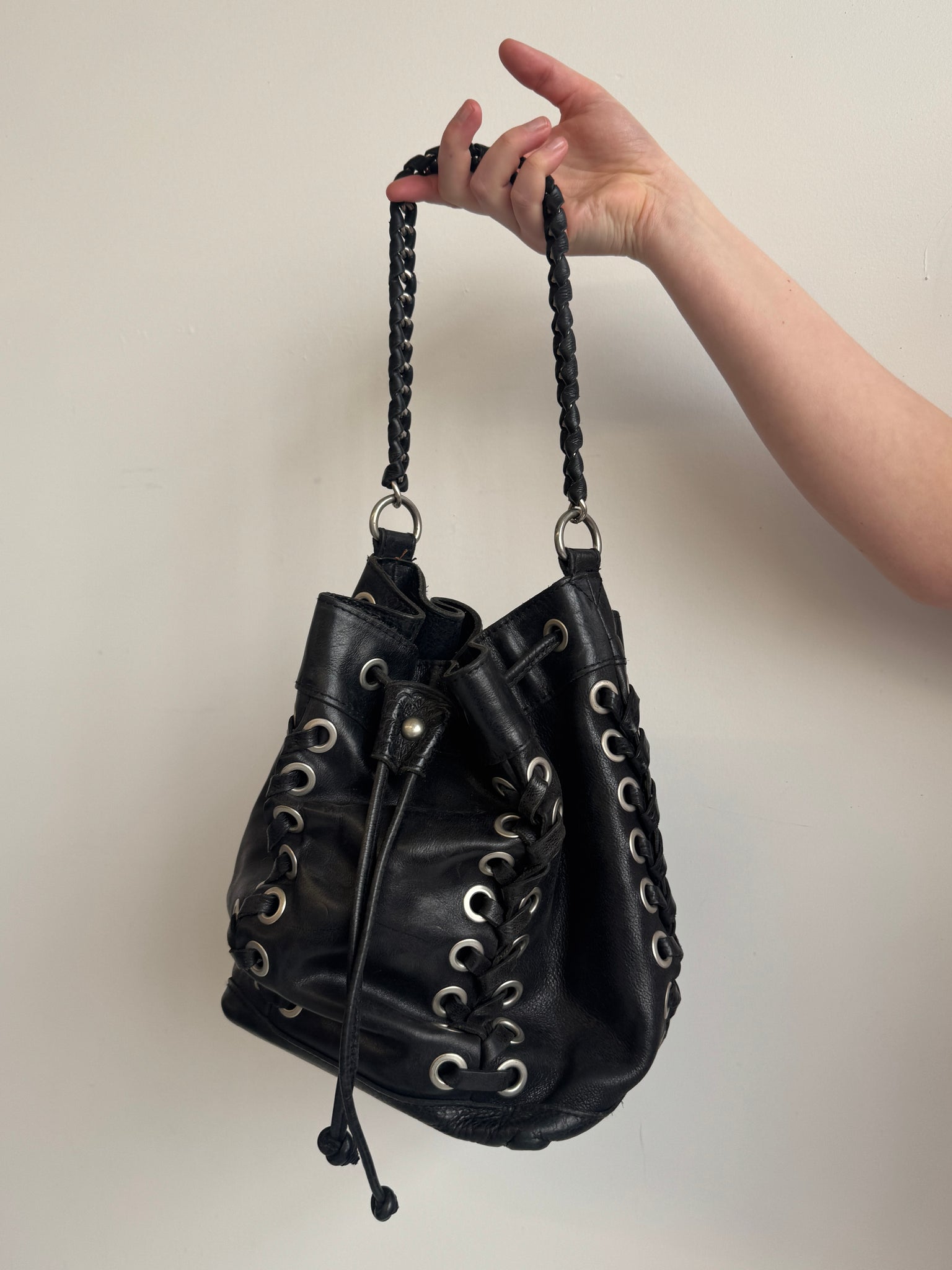 Vintage - Black Leather Grommet Bag