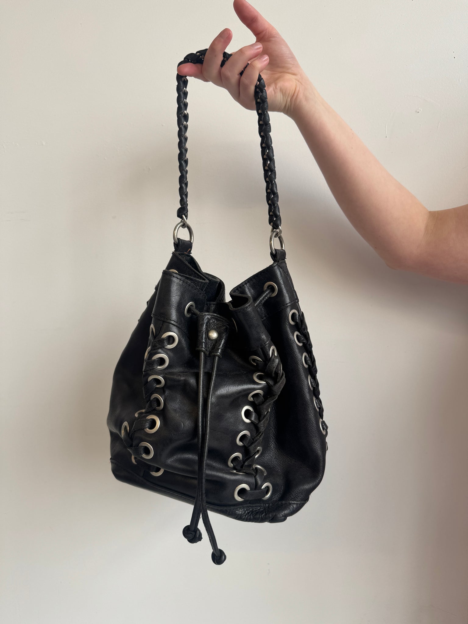 Vintage - Black Leather Grommet Bag