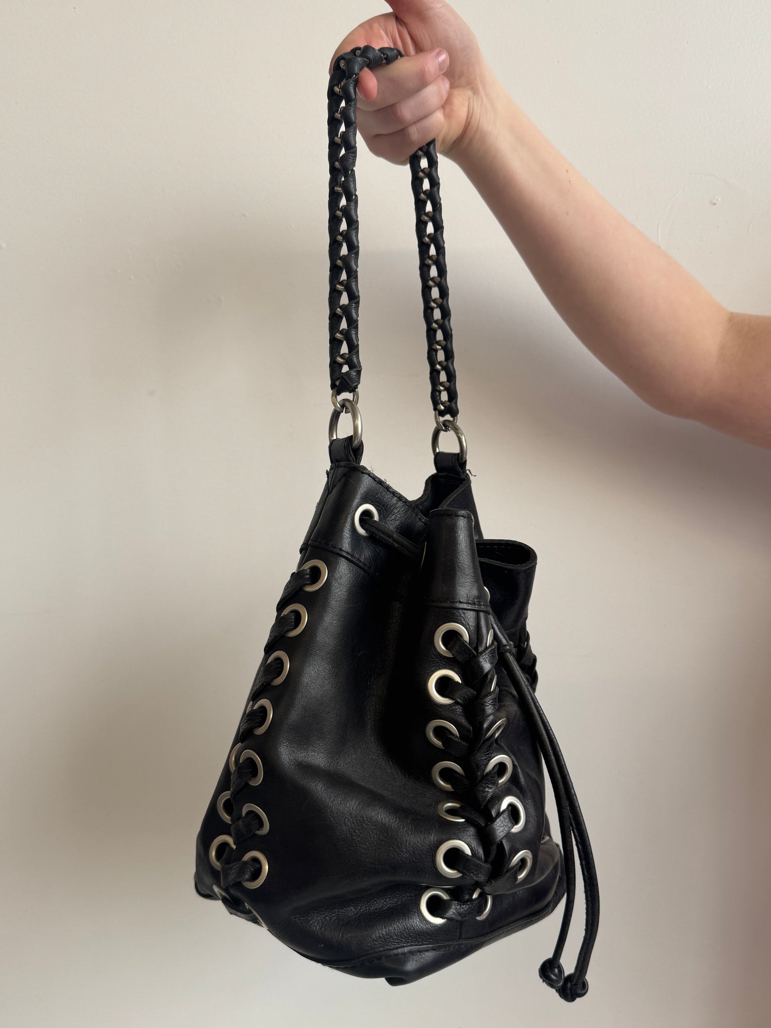 Vintage - Black Leather Grommet Bag