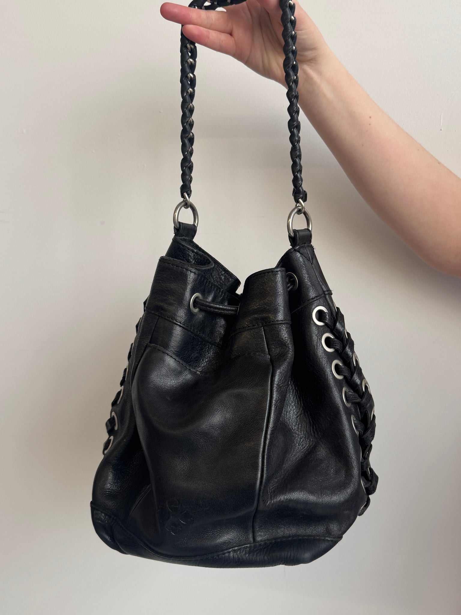 Vintage - Black Leather Grommet Bag