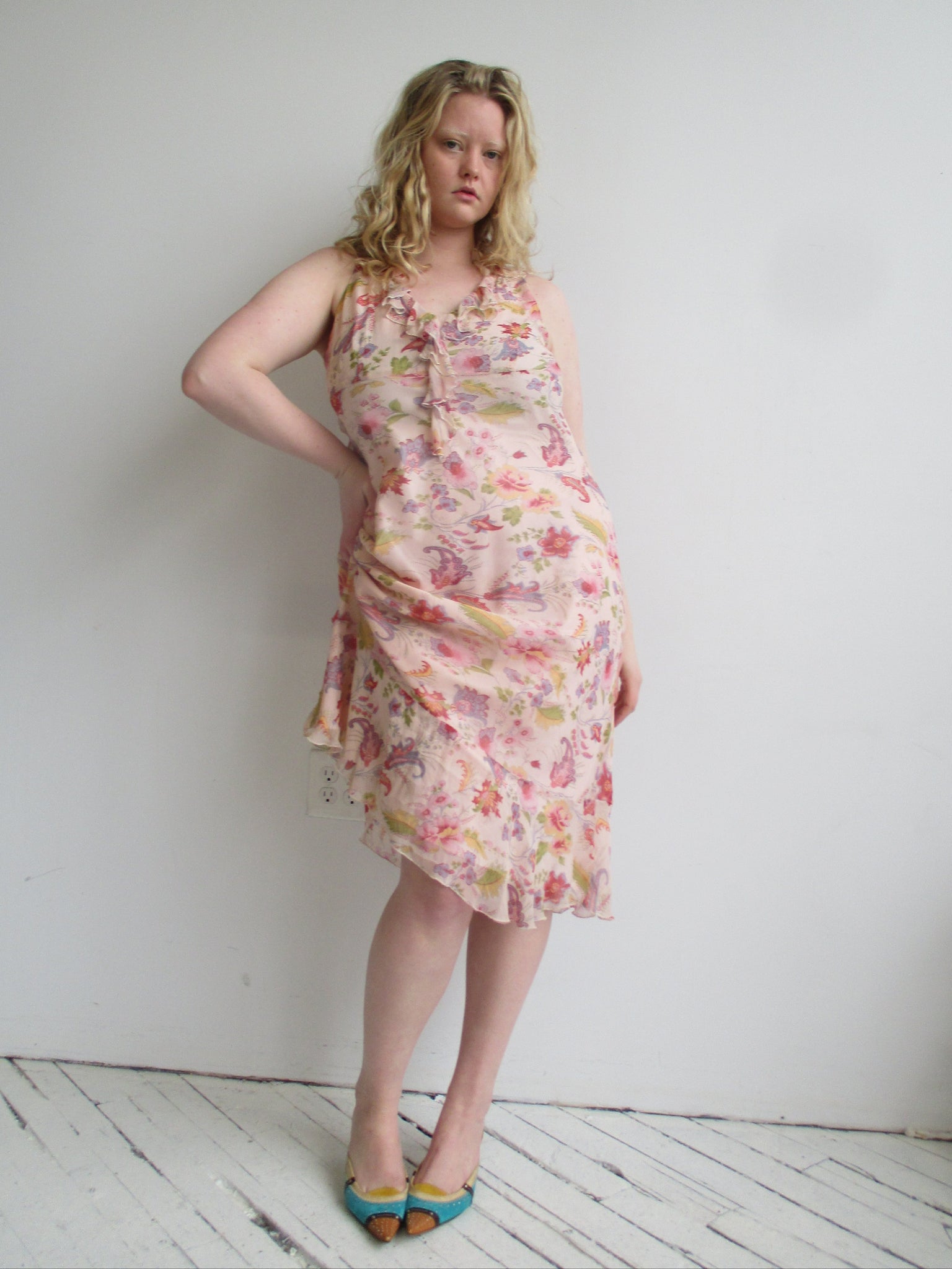 Vintage - Silk Peach Floral Dress (XL/1X)