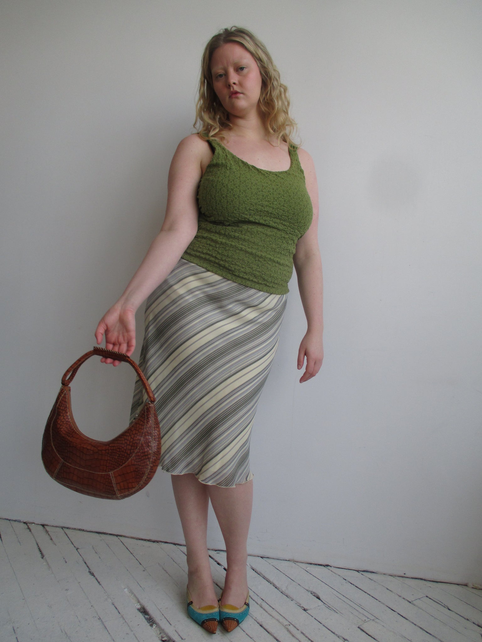 Vintage - Striped Green Bias Midi Skirt (L/XL)