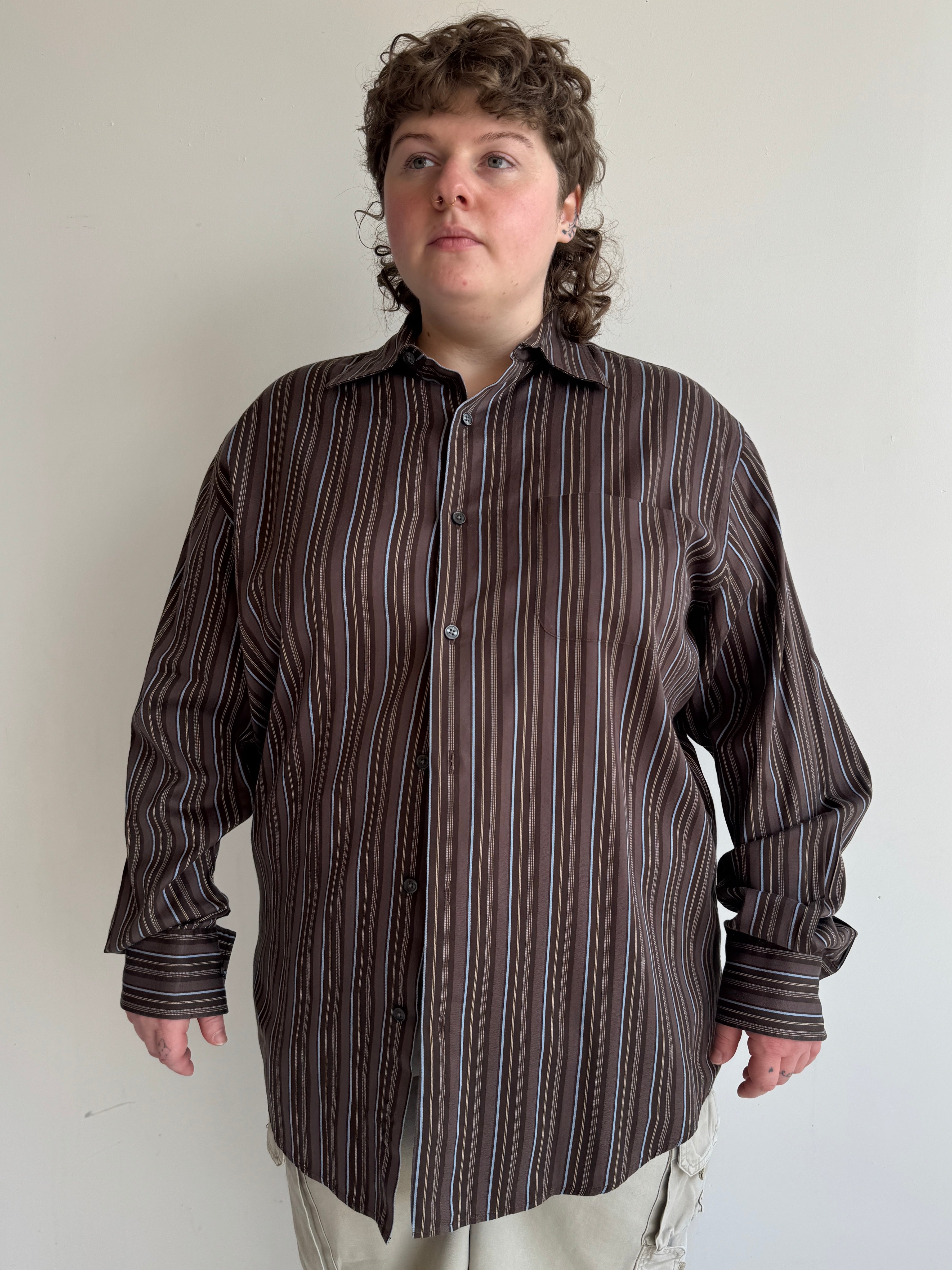 Vintage - Brown & Blue Striped Cotton Shirt (XL/1X)