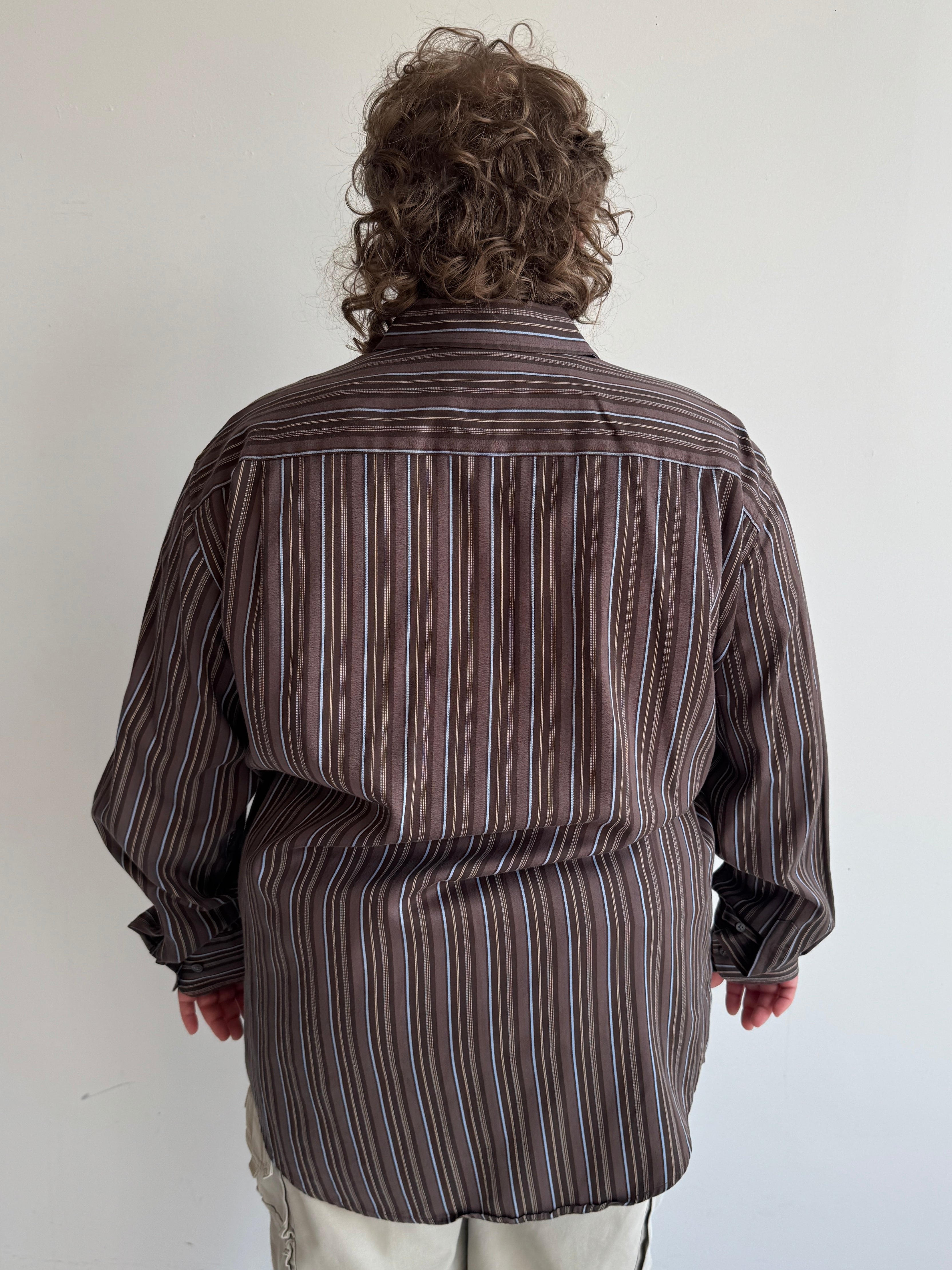 Vintage - Brown & Blue Striped Cotton Shirt (XL/1X)