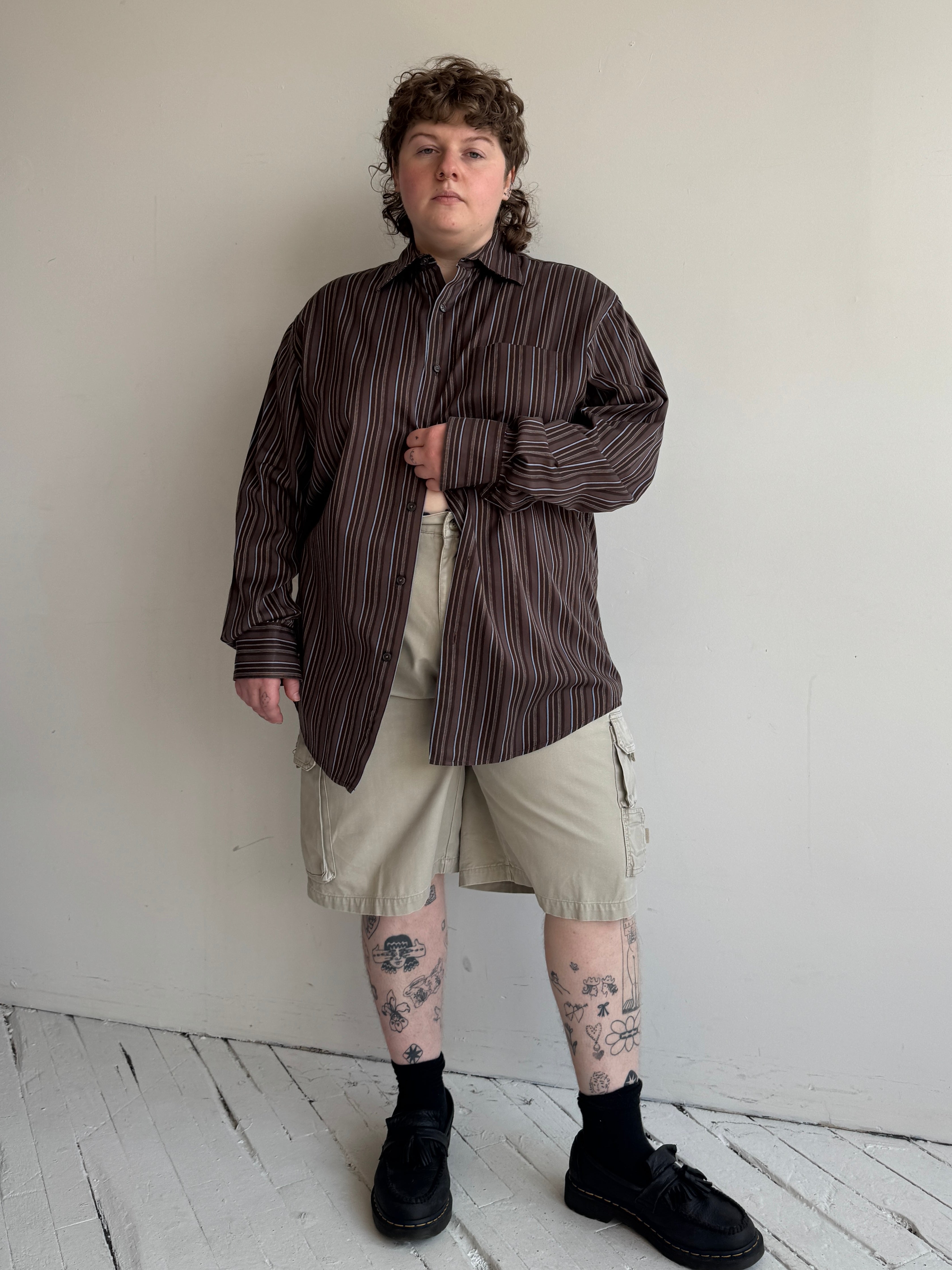 Vintage - Brown & Blue Striped Cotton Shirt (XL/1X)