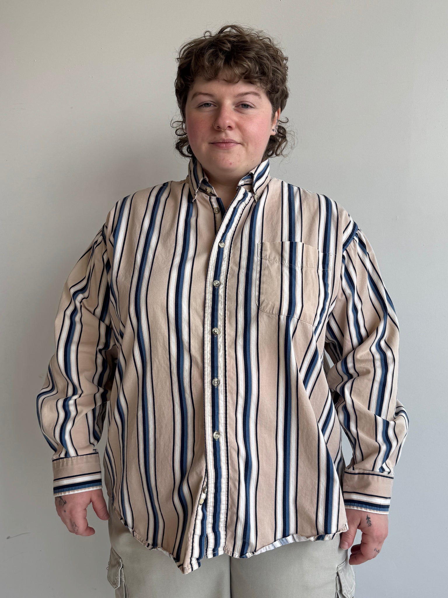 Vintage - Beige & Blue Striped Cotton Shirt (1X)