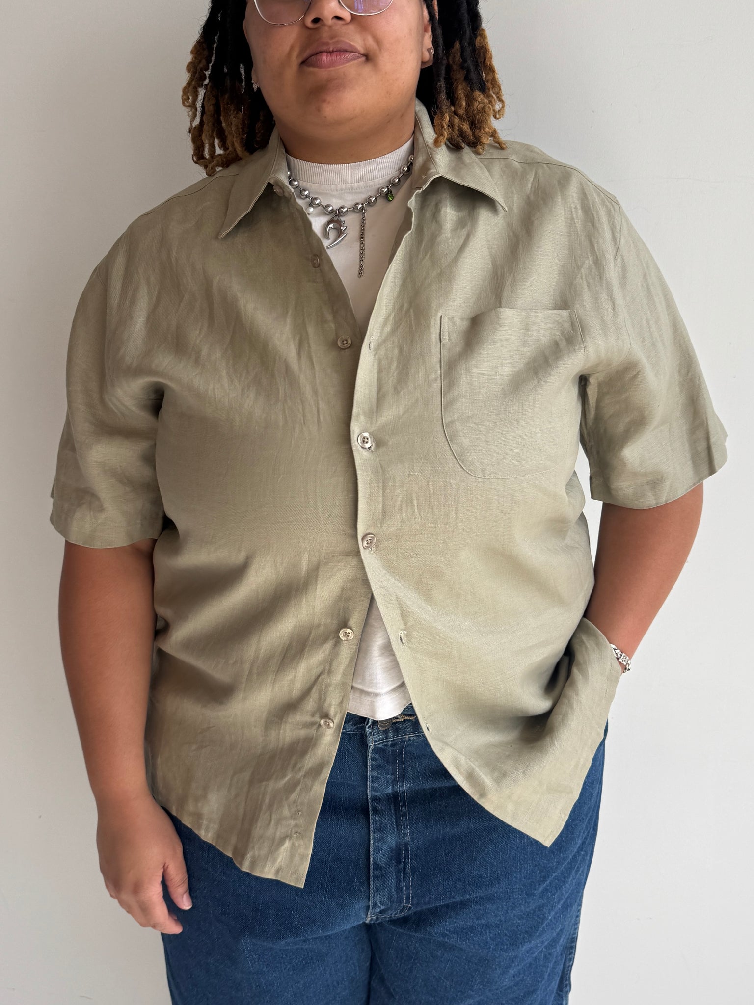 Vintage - Sand Linen Short Sleeve Shirt (1X)