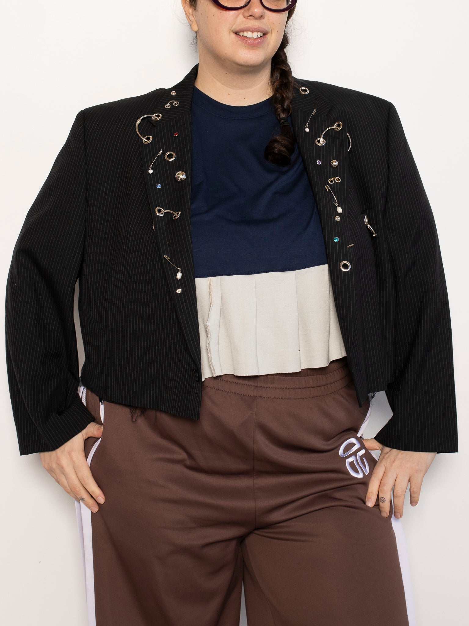 Shop Journal x BRZ - Black Pinstripe Pierced Cropped Blazer