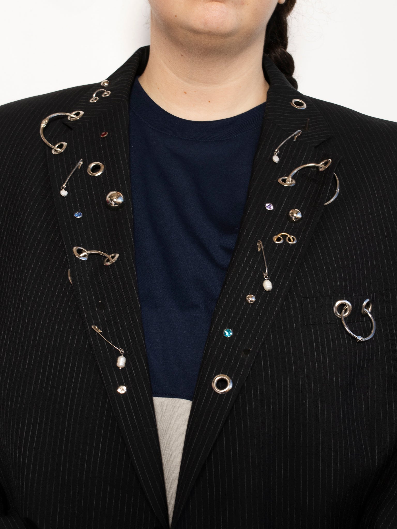 Shop Journal x BRZ - Black Pinstripe Pierced Cropped Blazer