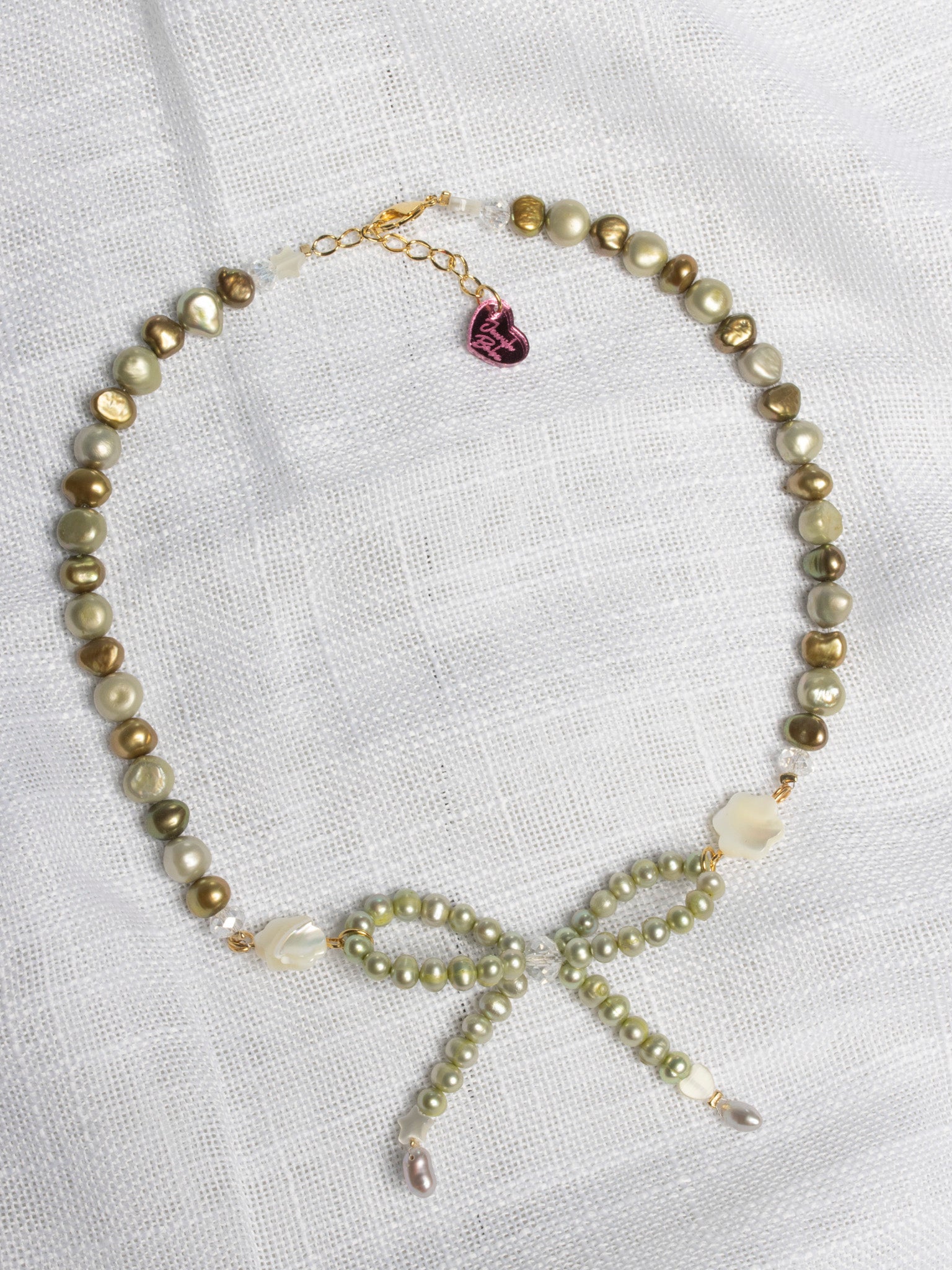 Jewels by Jewish Babe - Olive Pearl Bow Necklace