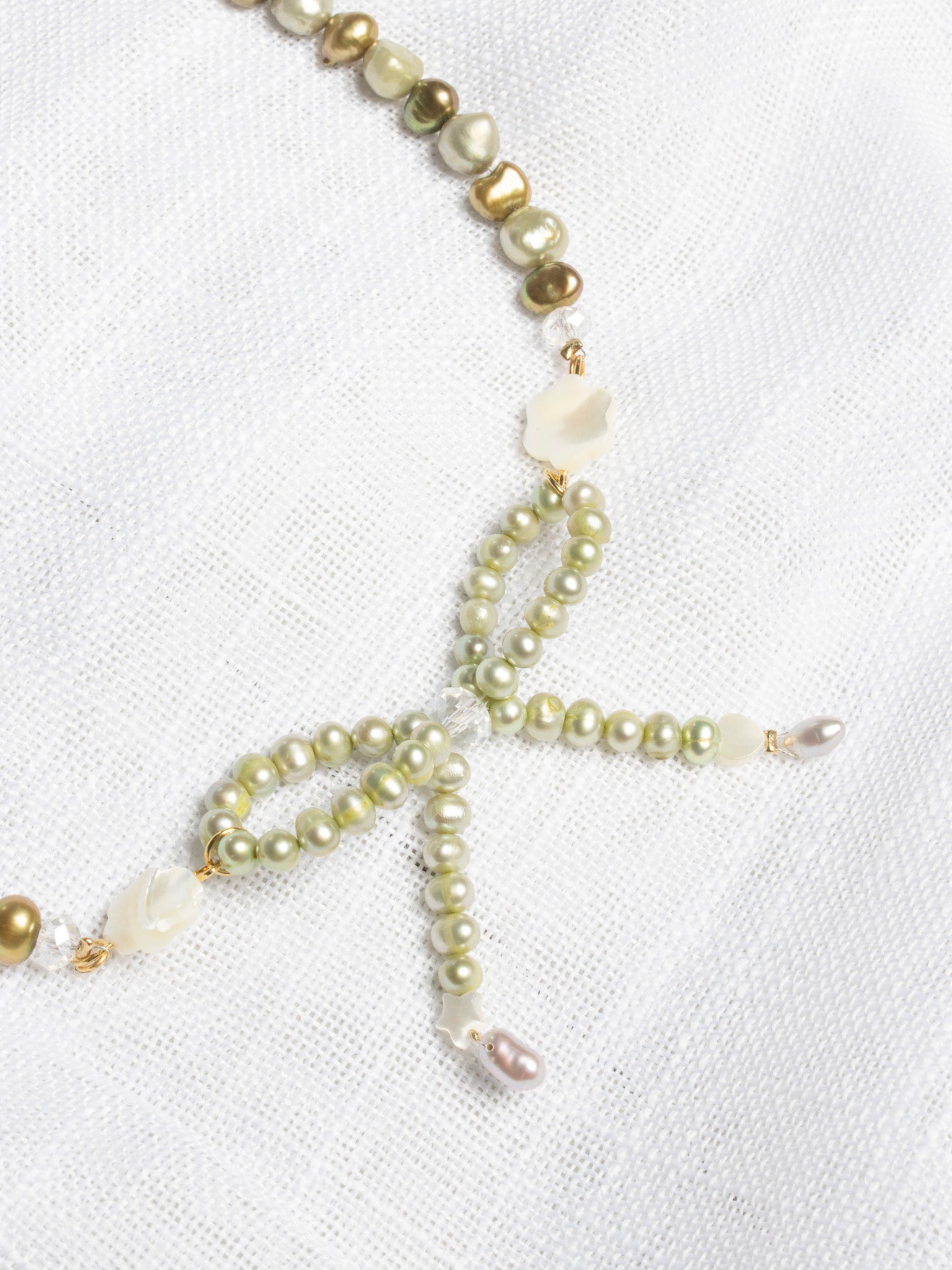 Jewels by Jewish Babe - Olive Pearl Bow Necklace